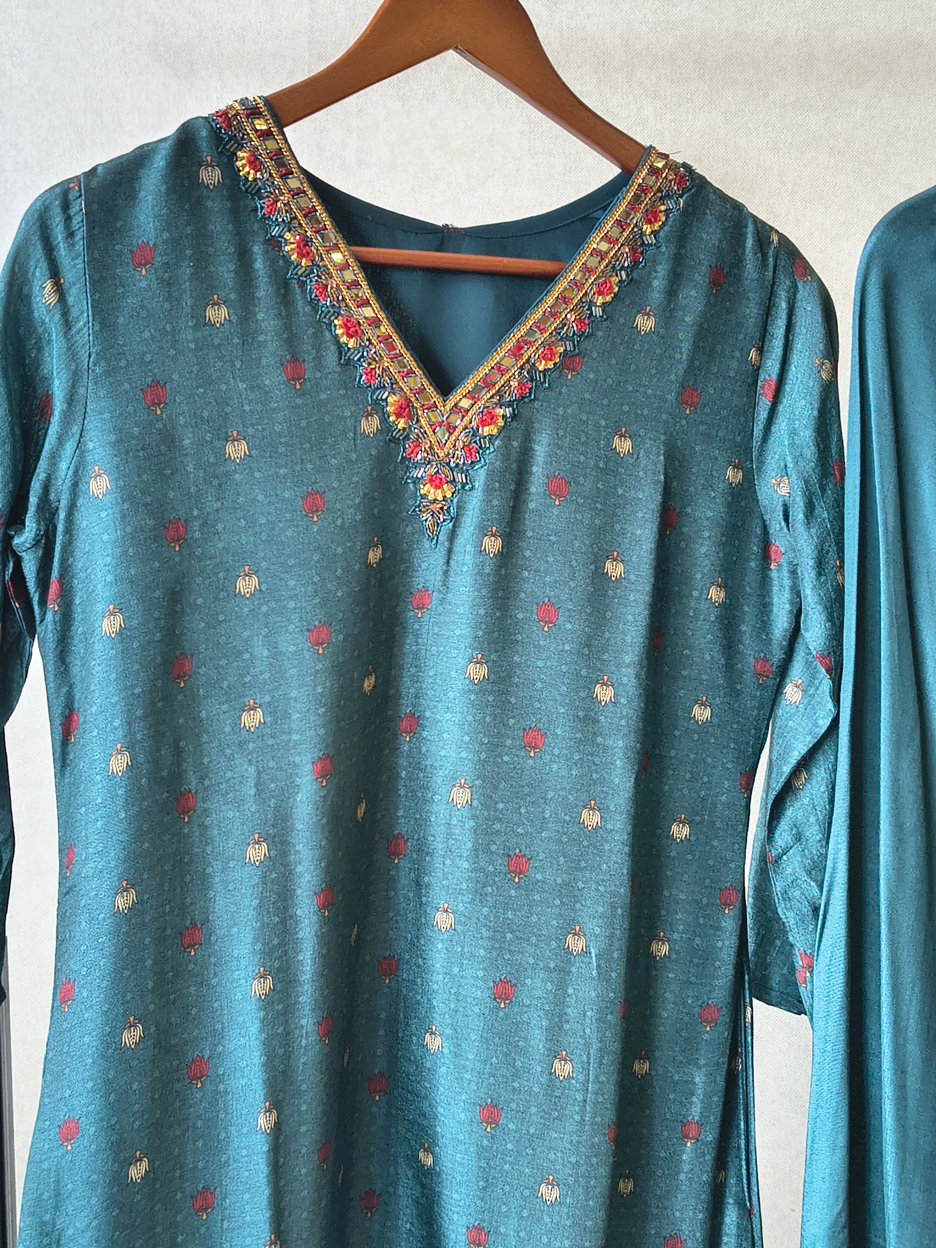 Image of Premium Teal Printed Straight Kurta with Palazzo & Dupatta Set