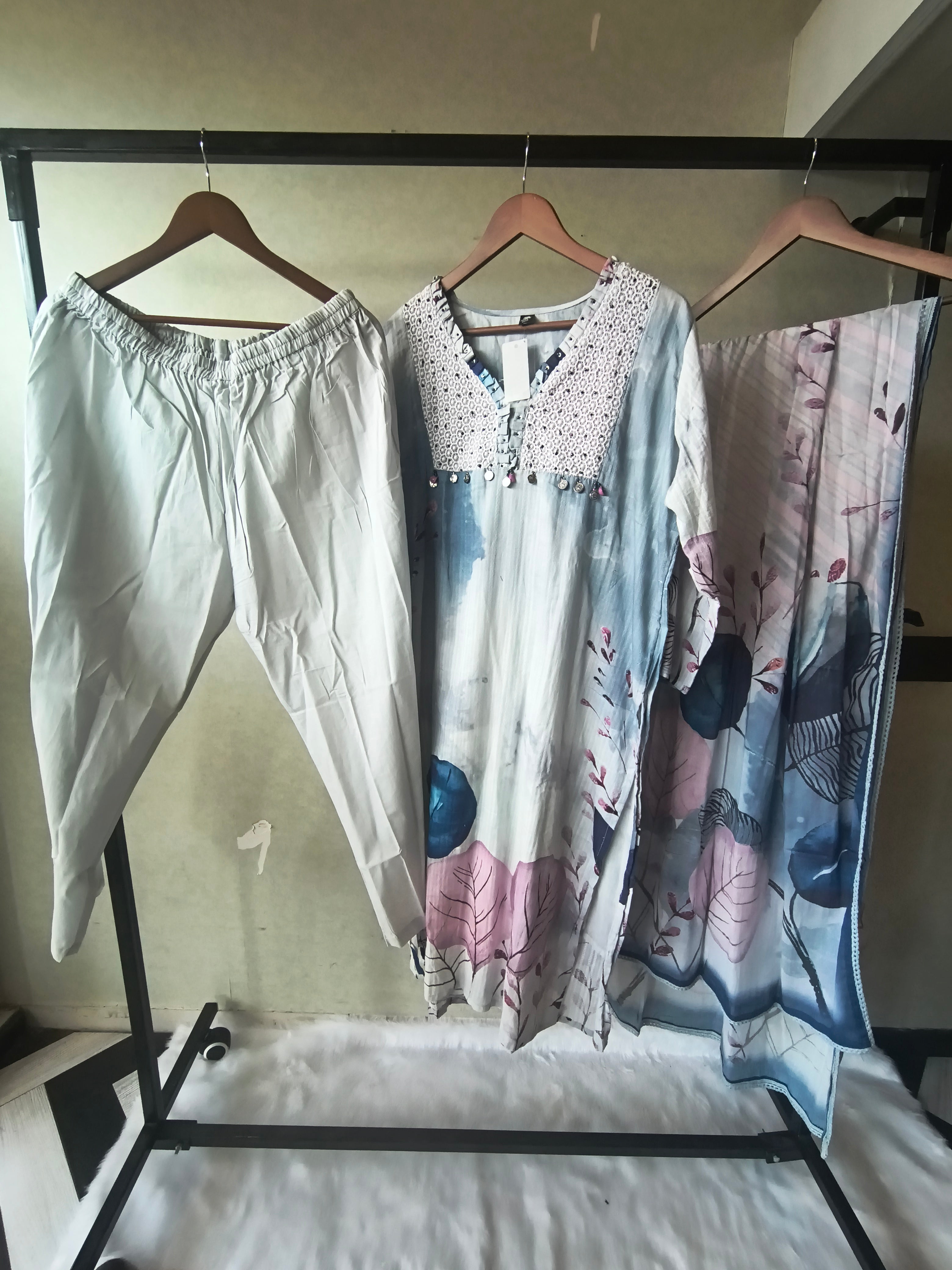 Image of Premium Ice Blue Floral Printed Straight Kurta Set with Crochet Yoke, Straight Pants & Designer Dupatta