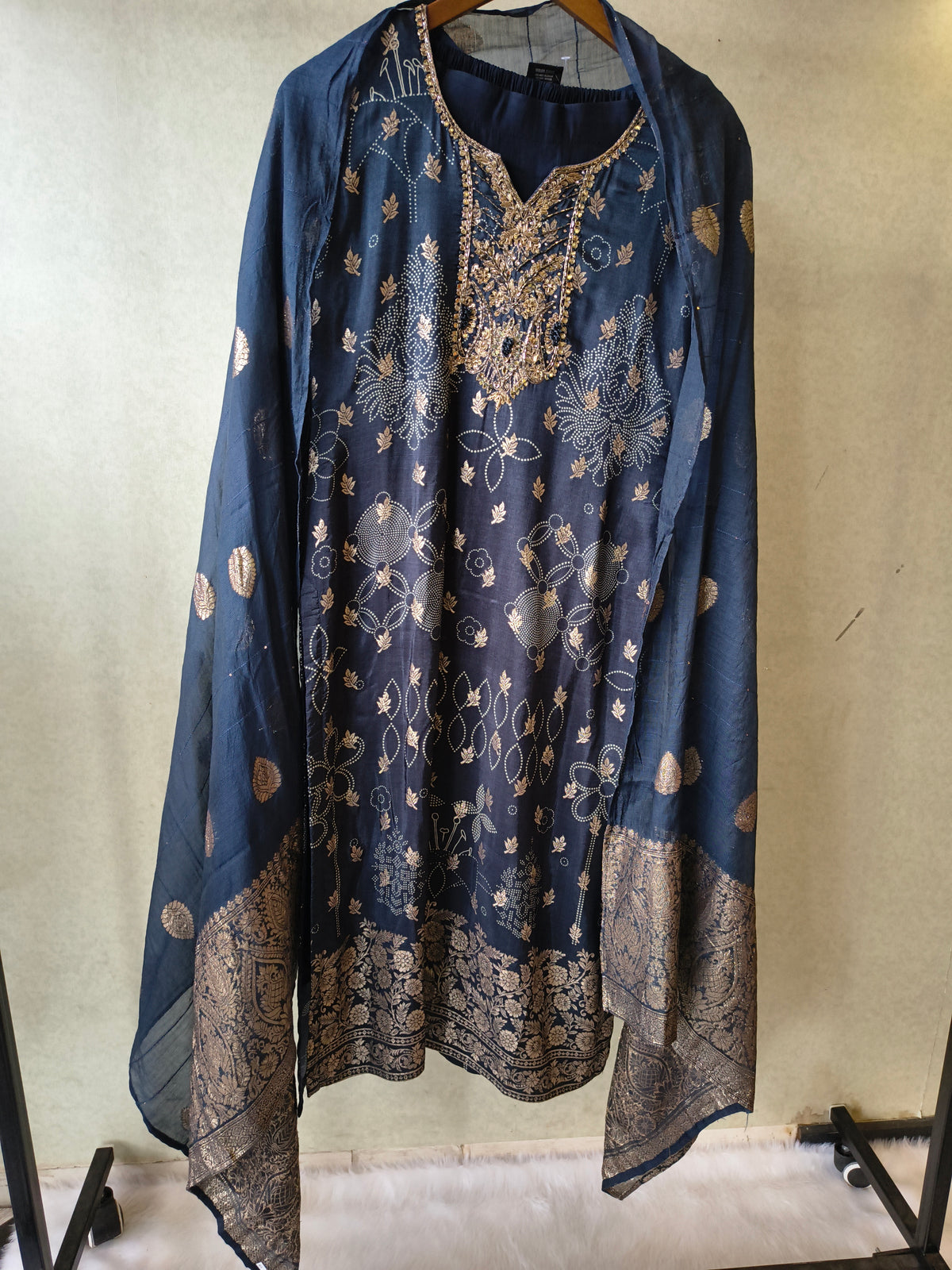 Premium Midnight Blue Zari Printed Kurta Set with Banarasi Dupatta