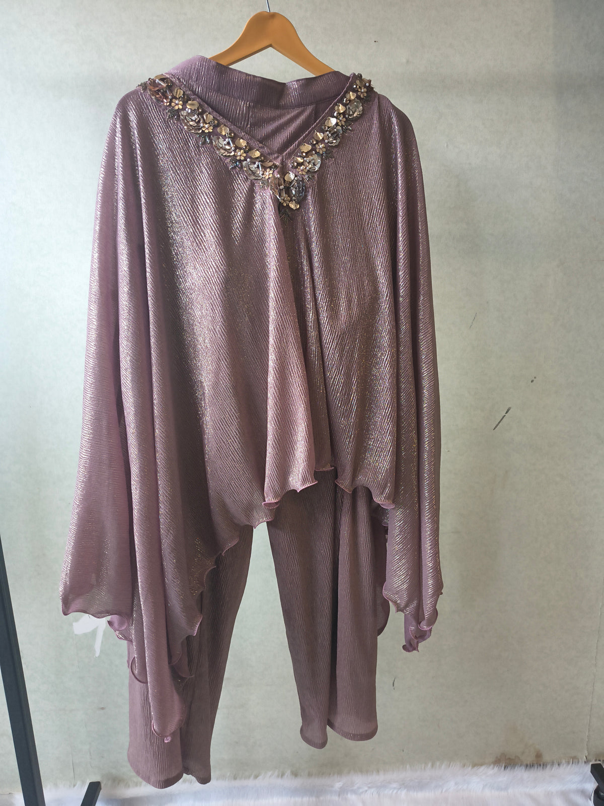Premium Rose Gold Shimmer Kaftan Co-Ord Set with Hand Embellished Cape & Straight Pants