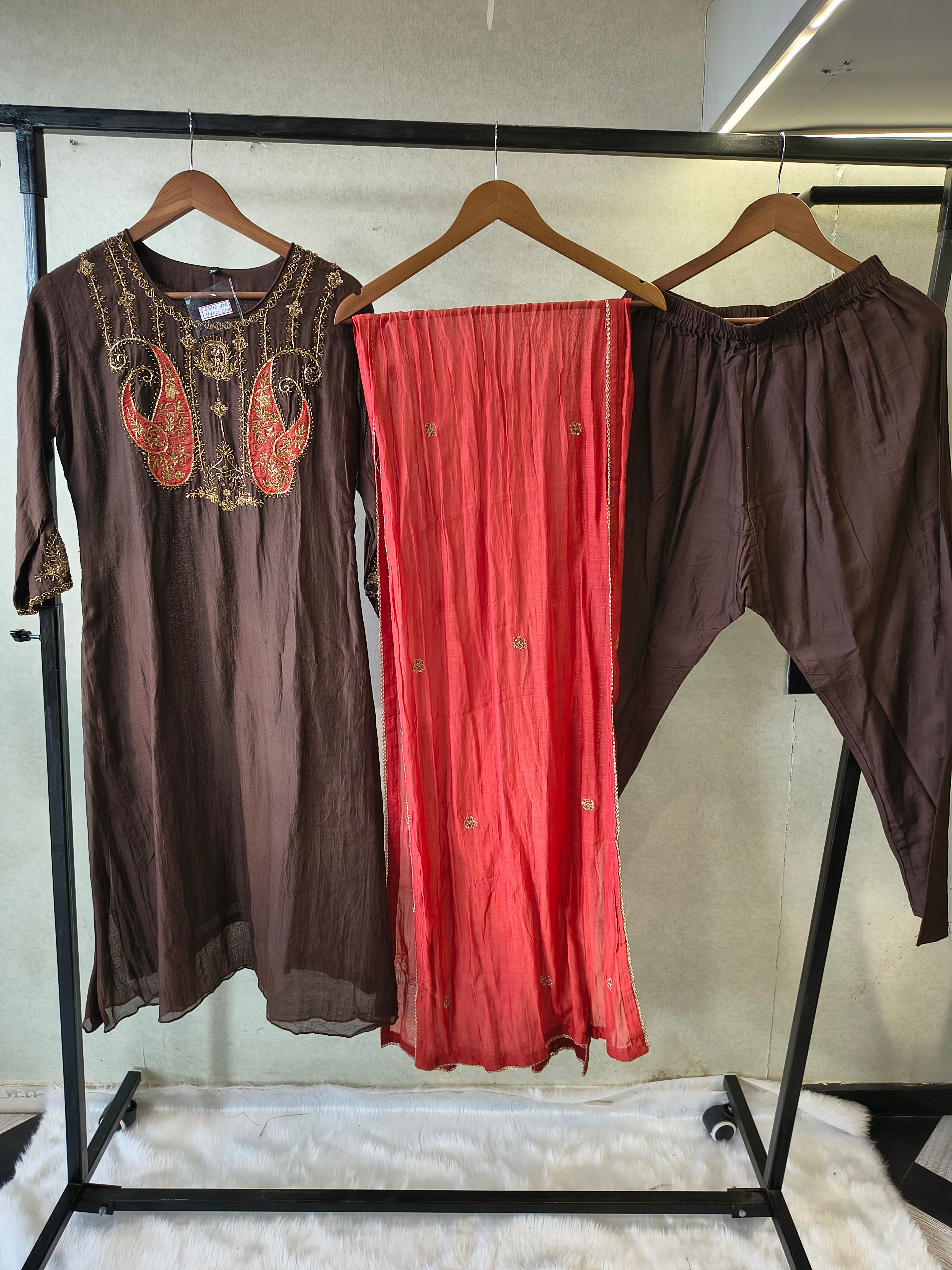 Image of Midnight Black Embroidered Straight Kurta Set with Statement Paisley Yoke, Contrast Crimson Dupatta & Premium 3 Piece Ethnic Ensemble