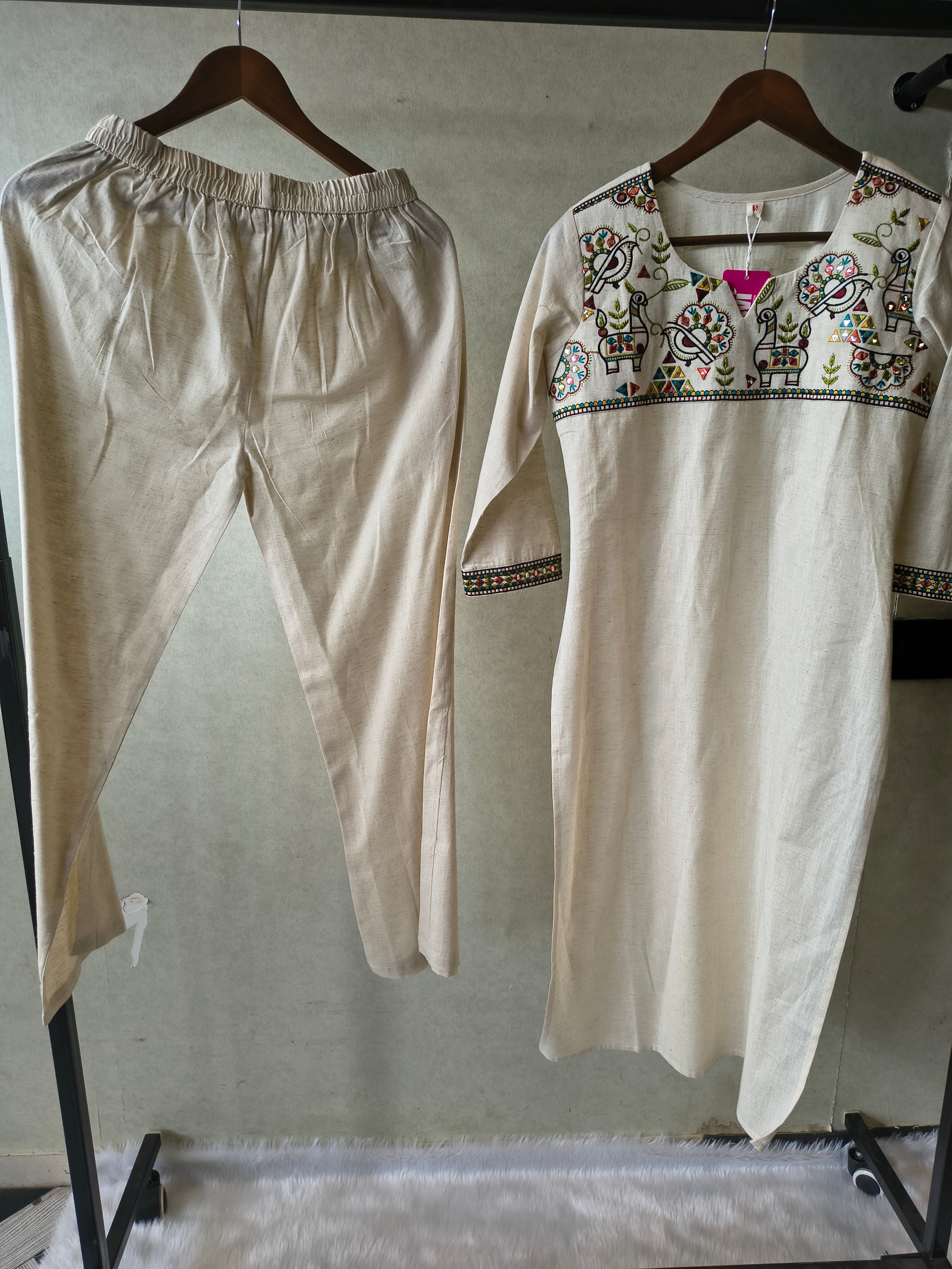 Image of Ivory Cotton Linen Kurta Set with Multicolour Folk Embroidery & Straight Pants