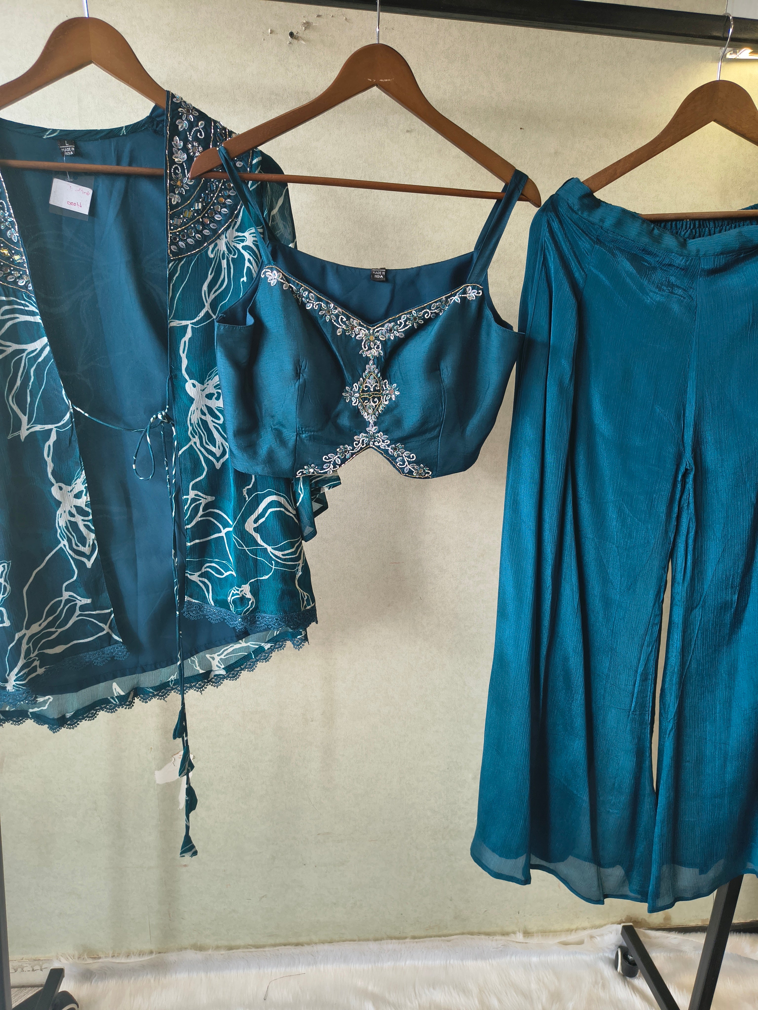 Image of Teal Printed Shrug with Embroidered Designer Bralette & Flared Palazzo – 3 Piece Indo-Western Co-Ord Set