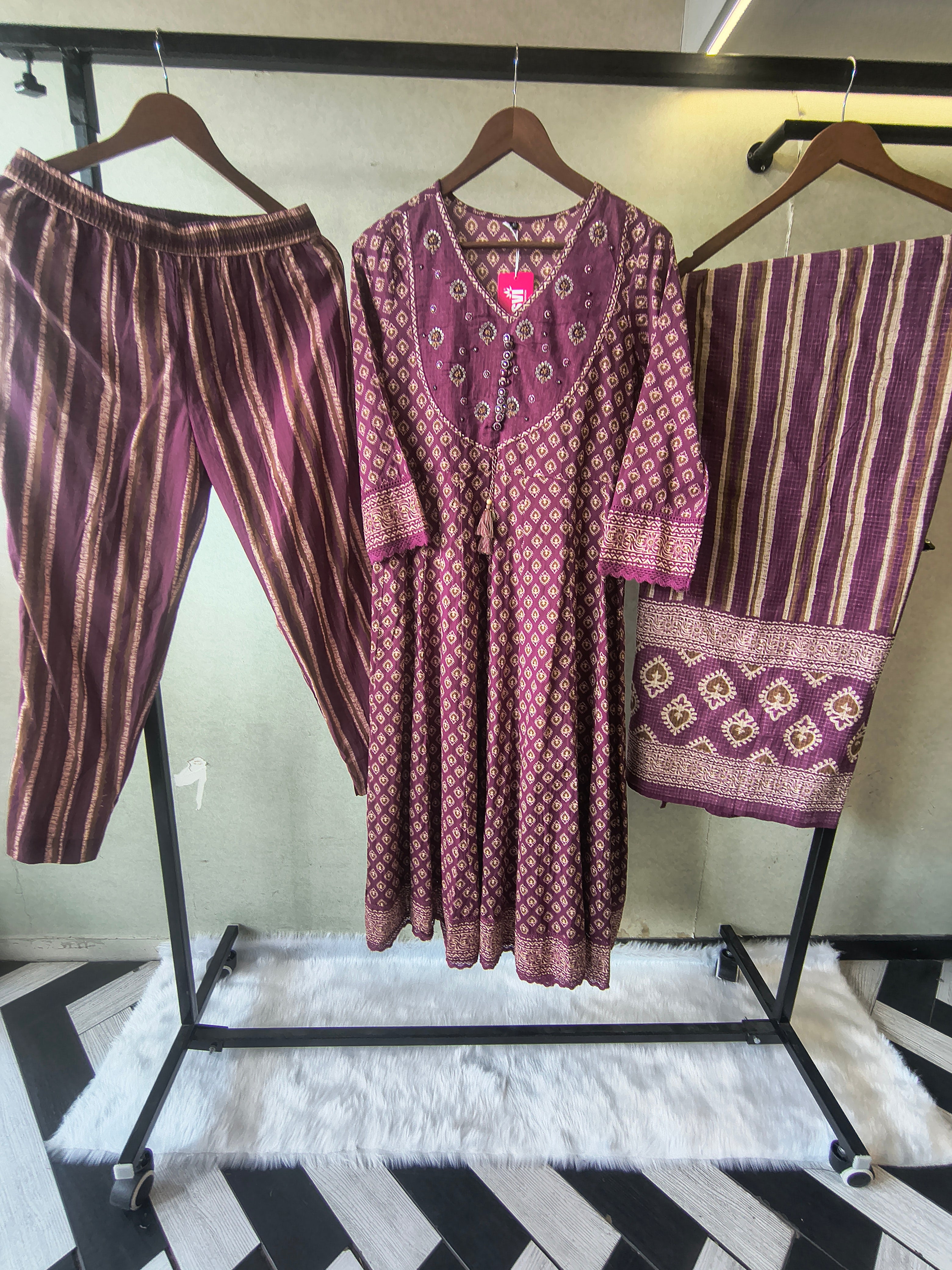 Image of Plum Printed Cotton Anarkali Suit Set with Striped Pants & Dupatta