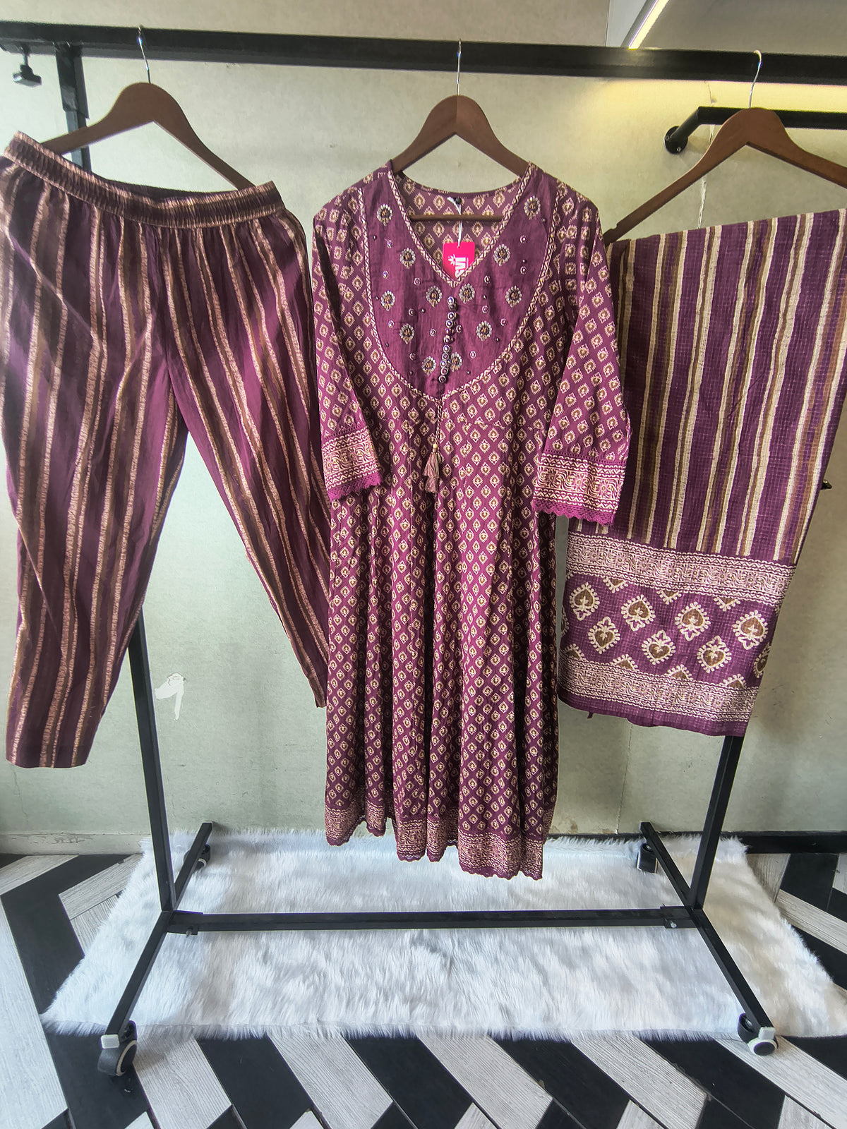 Plum Printed Cotton Anarkali Suit Set with Striped Pants & Dupatta