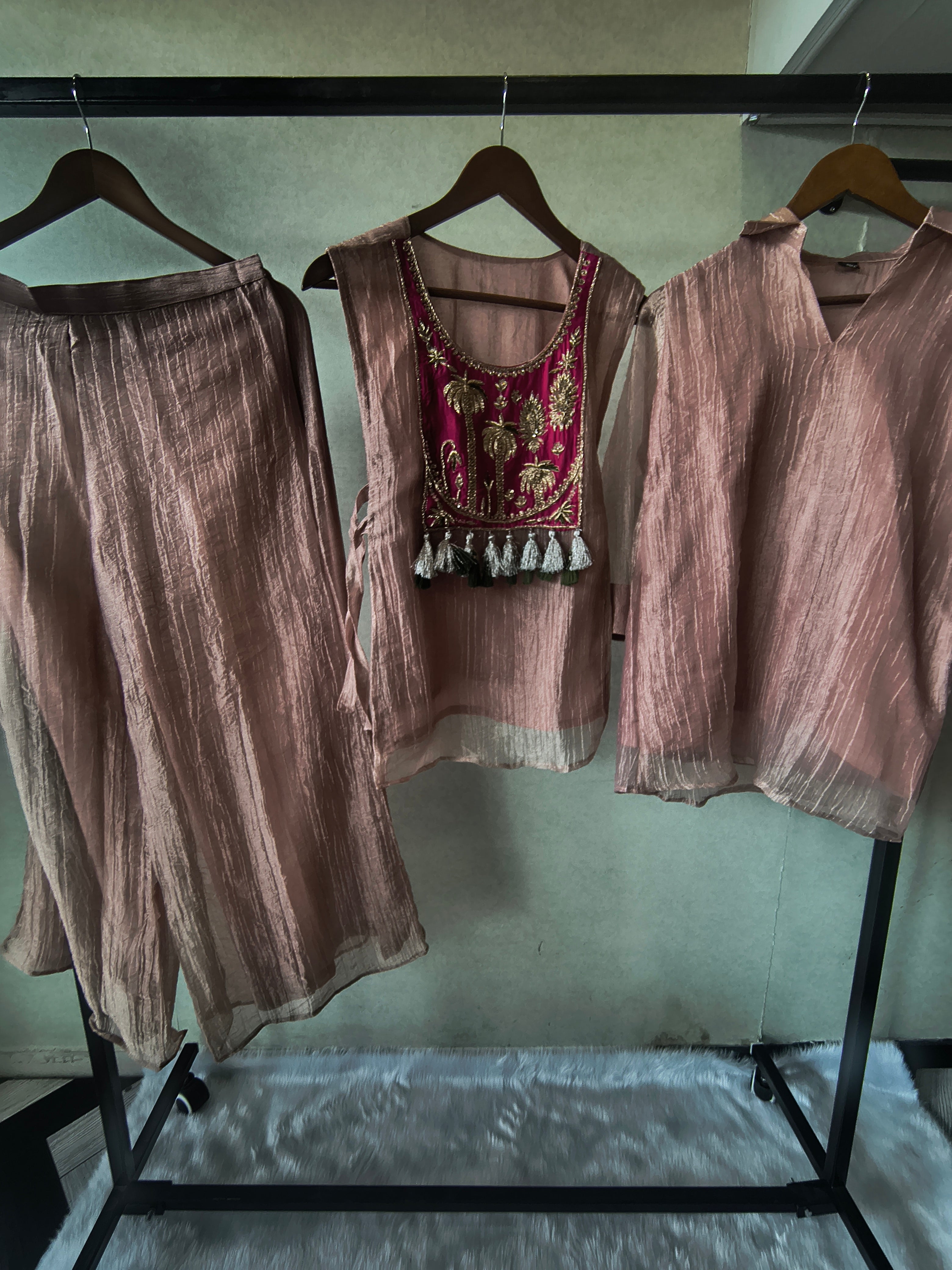 Image of Premium Rose Gold Tissue Silk 3-Piece Co-Ord Set with Hand Embellished Jacket, Inner & Palazzo