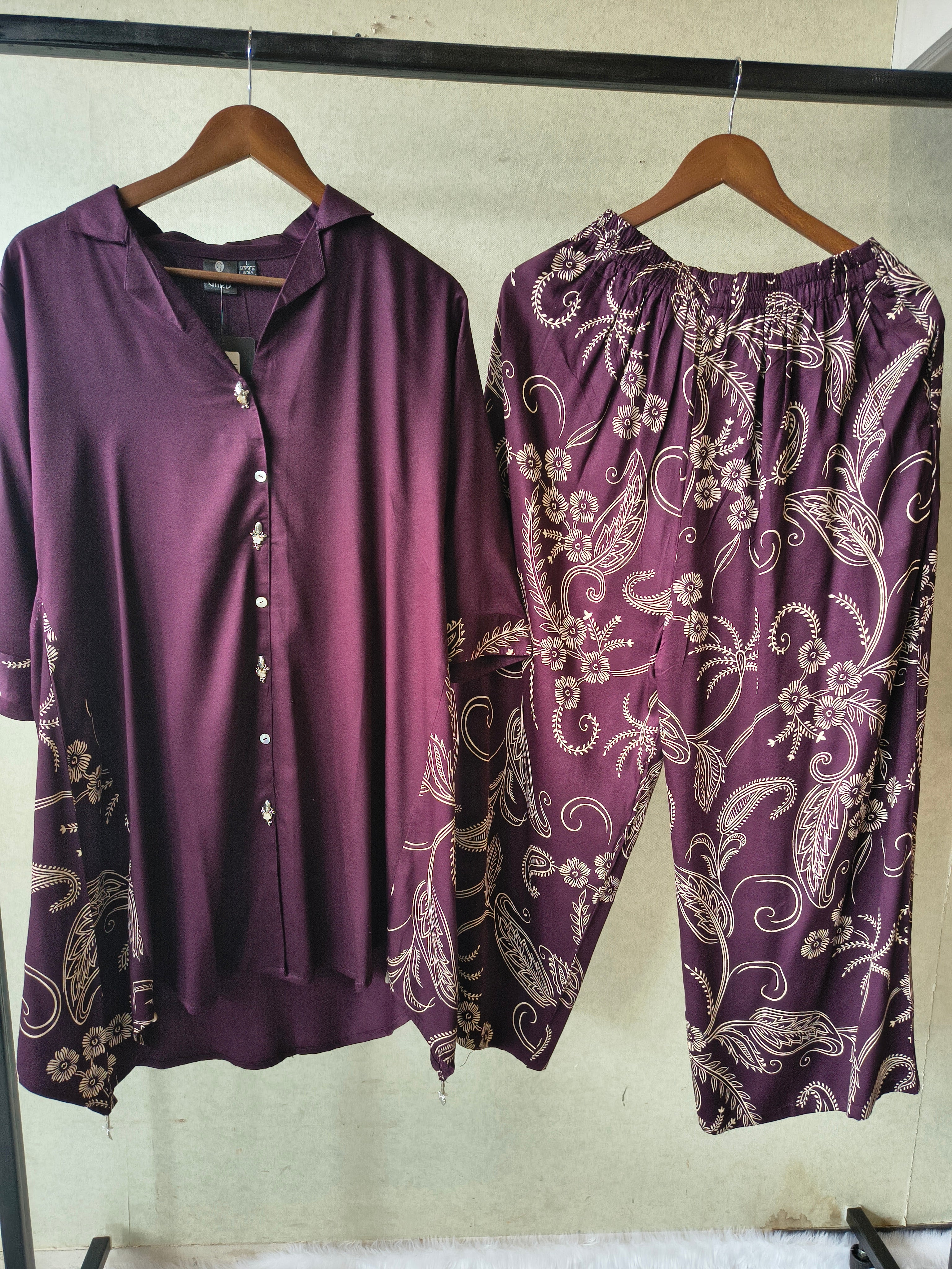 Image of Premium Plum Satin Co-Ord Kurta Set with Printed Straight Pants