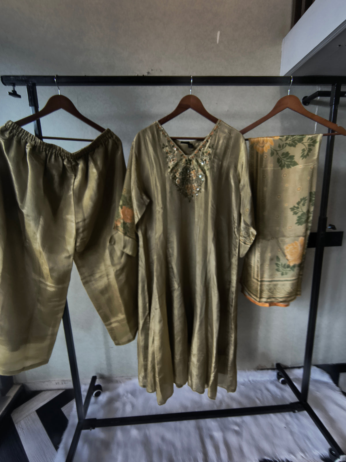 Premium Pistachio Green Embroidered Silk Kurta Set with Printed Dupatta