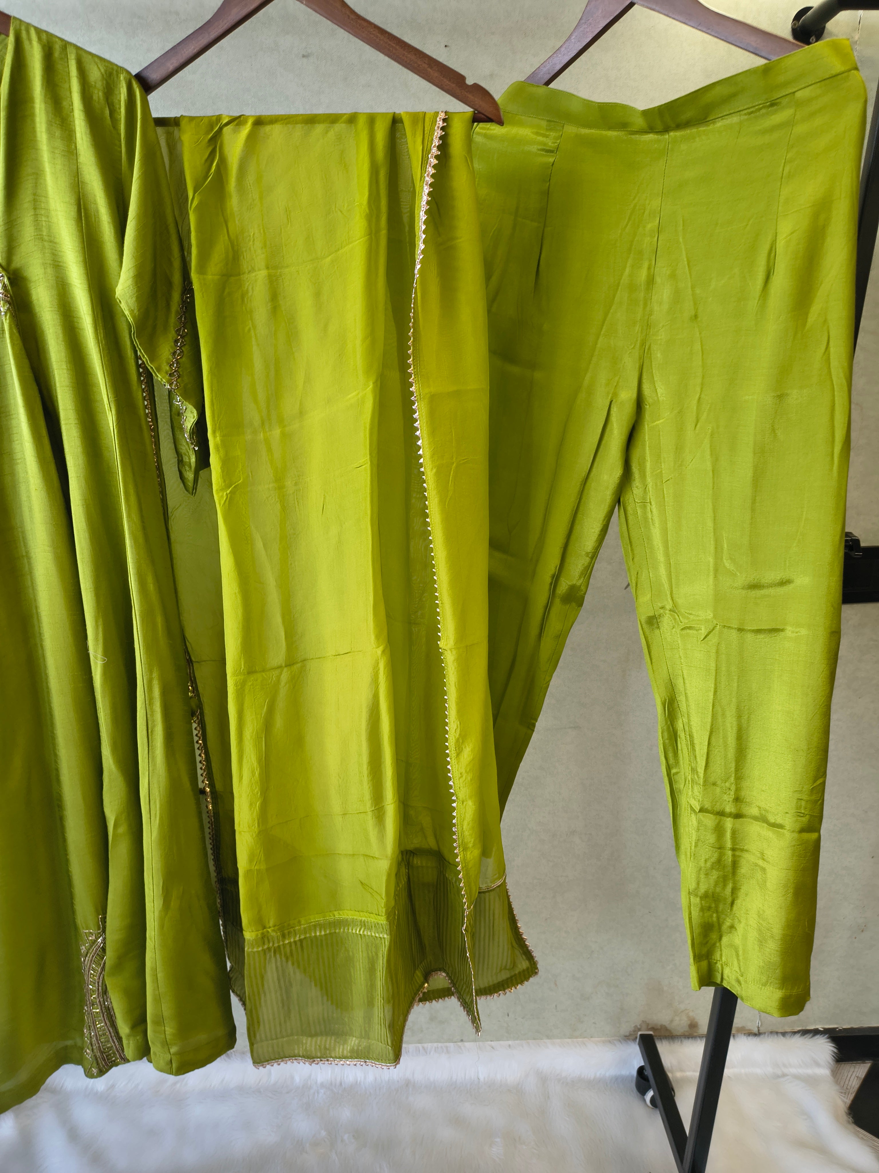 Image of Lime Green Hand-Embroidered Designer Kurta Set with Organza Dupatta | Premium 3 Piece Ethnic Suit