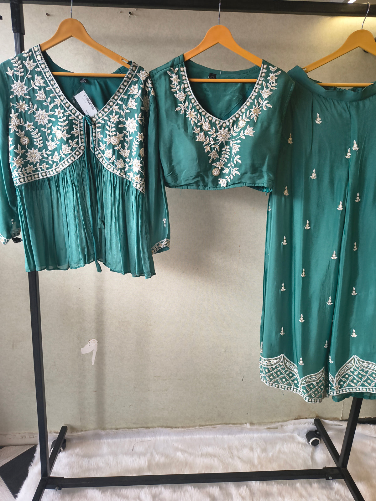 Emerald Green Embroidered Peplum Jacket with Blouse & Flared Palazzo – Designer 3 Piece Indo-Western Set