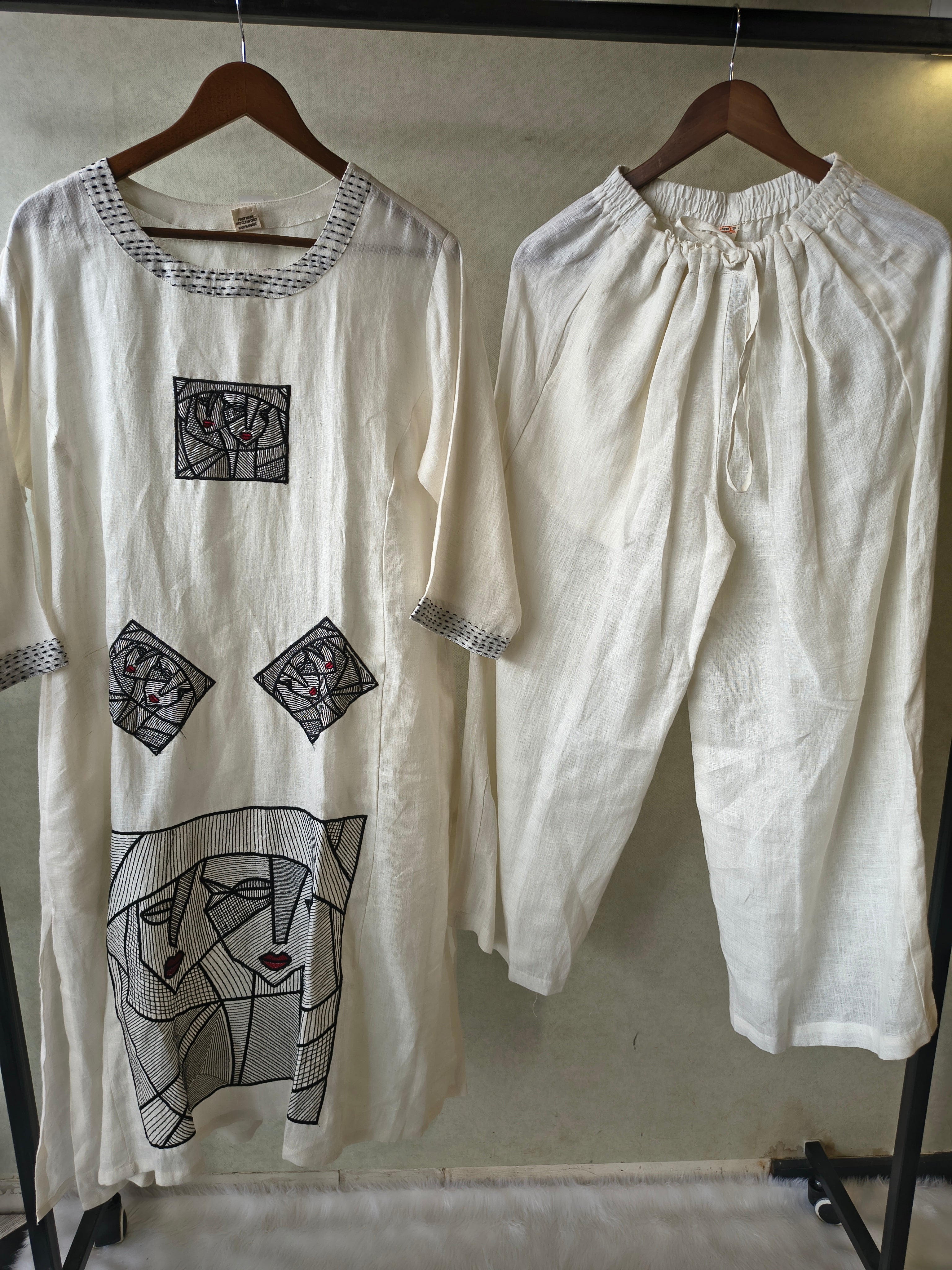 Image of Premium Off-White Artistic Abstract Embroidered Cotton Kurta with Straight Pants Set