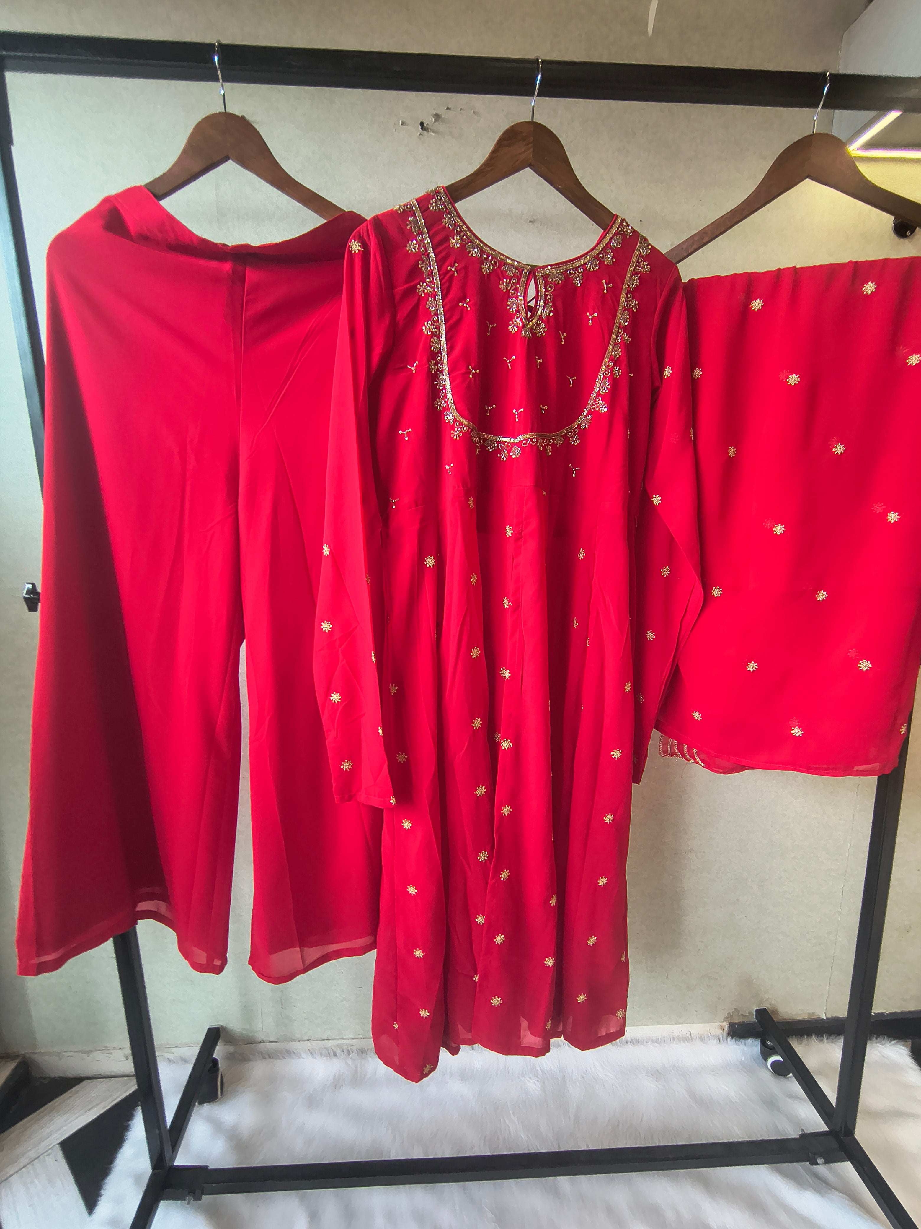 Image of Premium Ruby Red Embroidered Kurta with Sharara & Embellished Dupatta Set