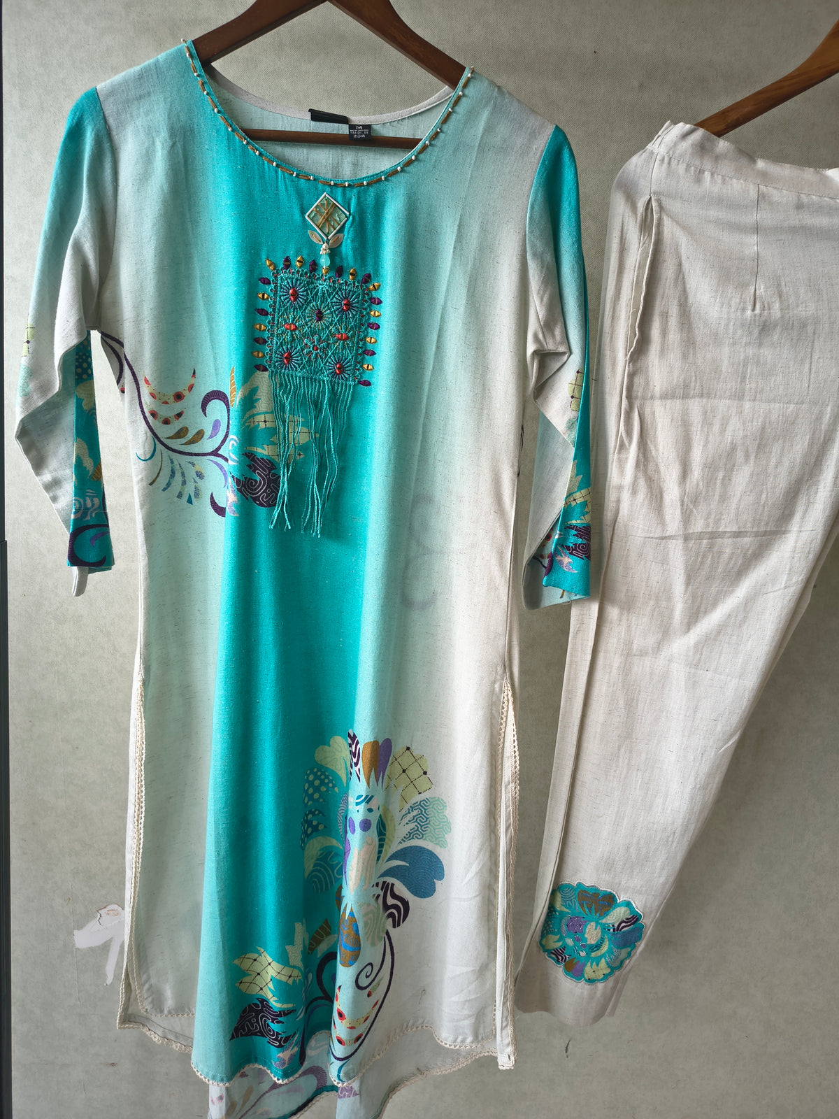 Premium Aqua Ombre Linen Blend Kurta Set with Handcrafted Embroidered Tassel Patch & Embroidered Pants