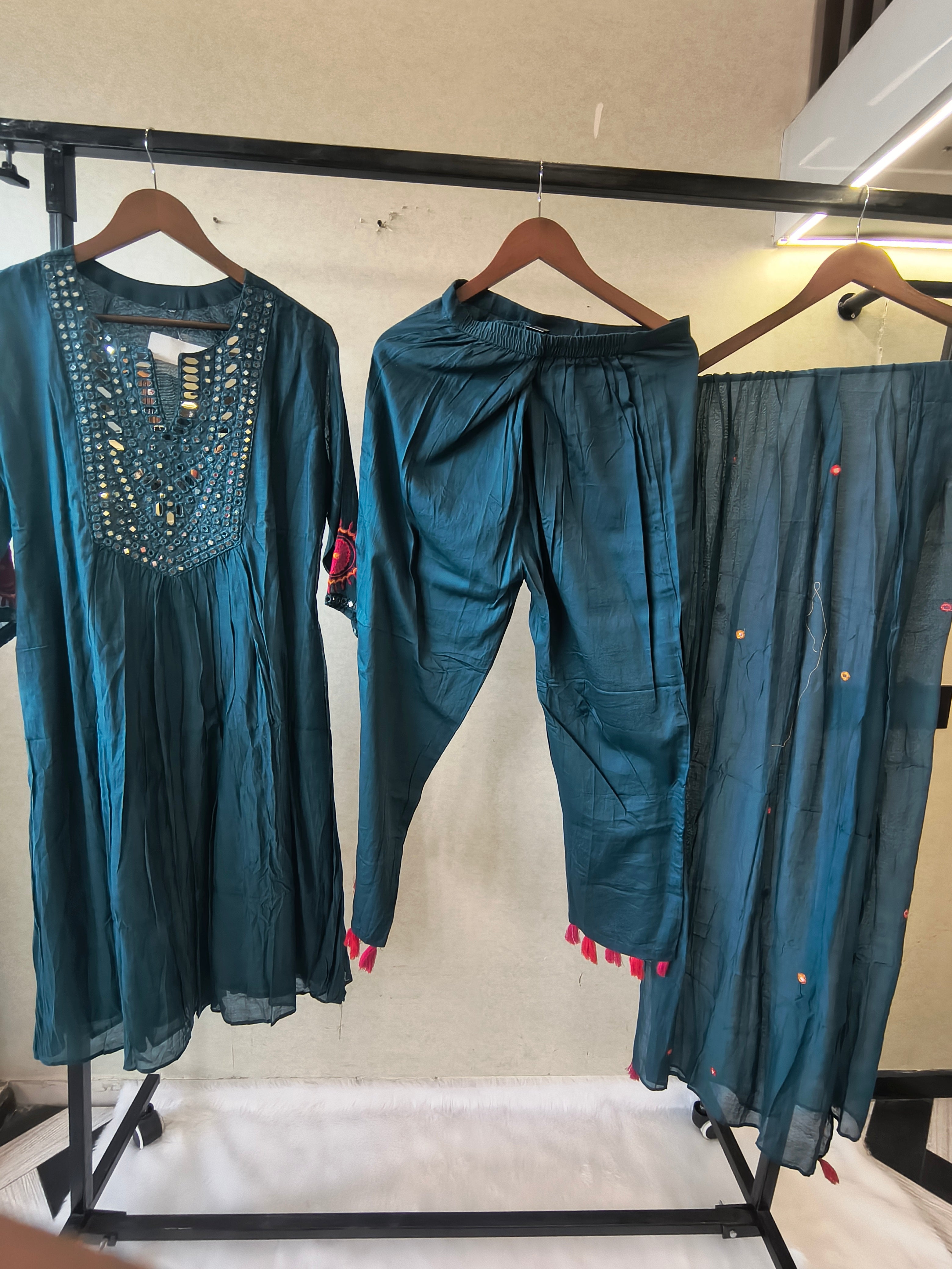 Image of Teal Blue Mirror Work Embroidered Kurta Set with Dupatta | Premium 3 Piece Ethnic Suit