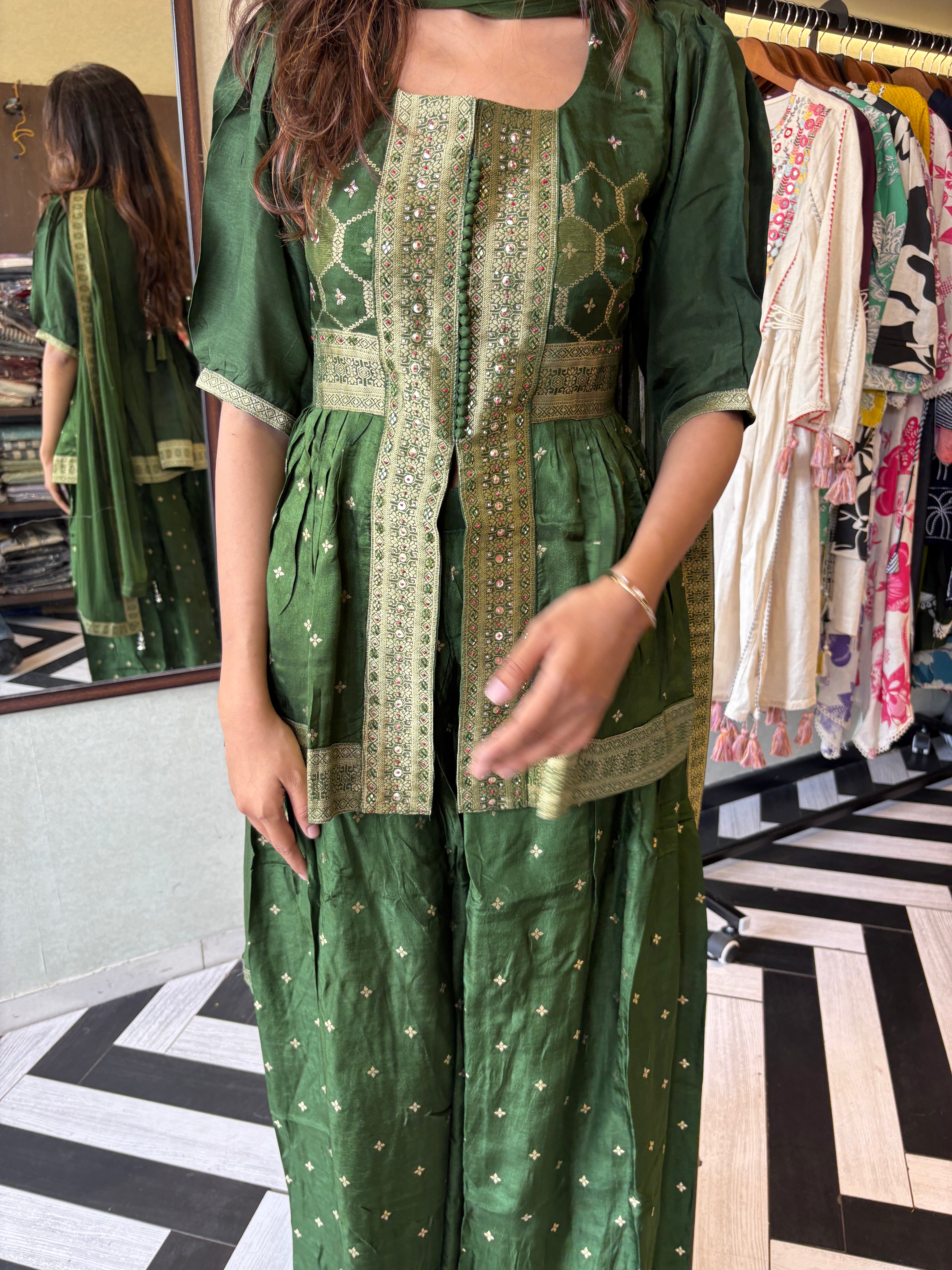 Image of our premium pure silk 3-piece Indo-Western set in stunning green! From dazzling mirror & handwork on the jacket-style top to the flowing plazzo and dupatta