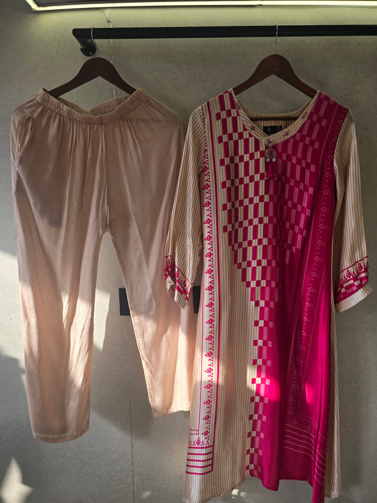 Fuchsia Panel Print Kurta Pant Set