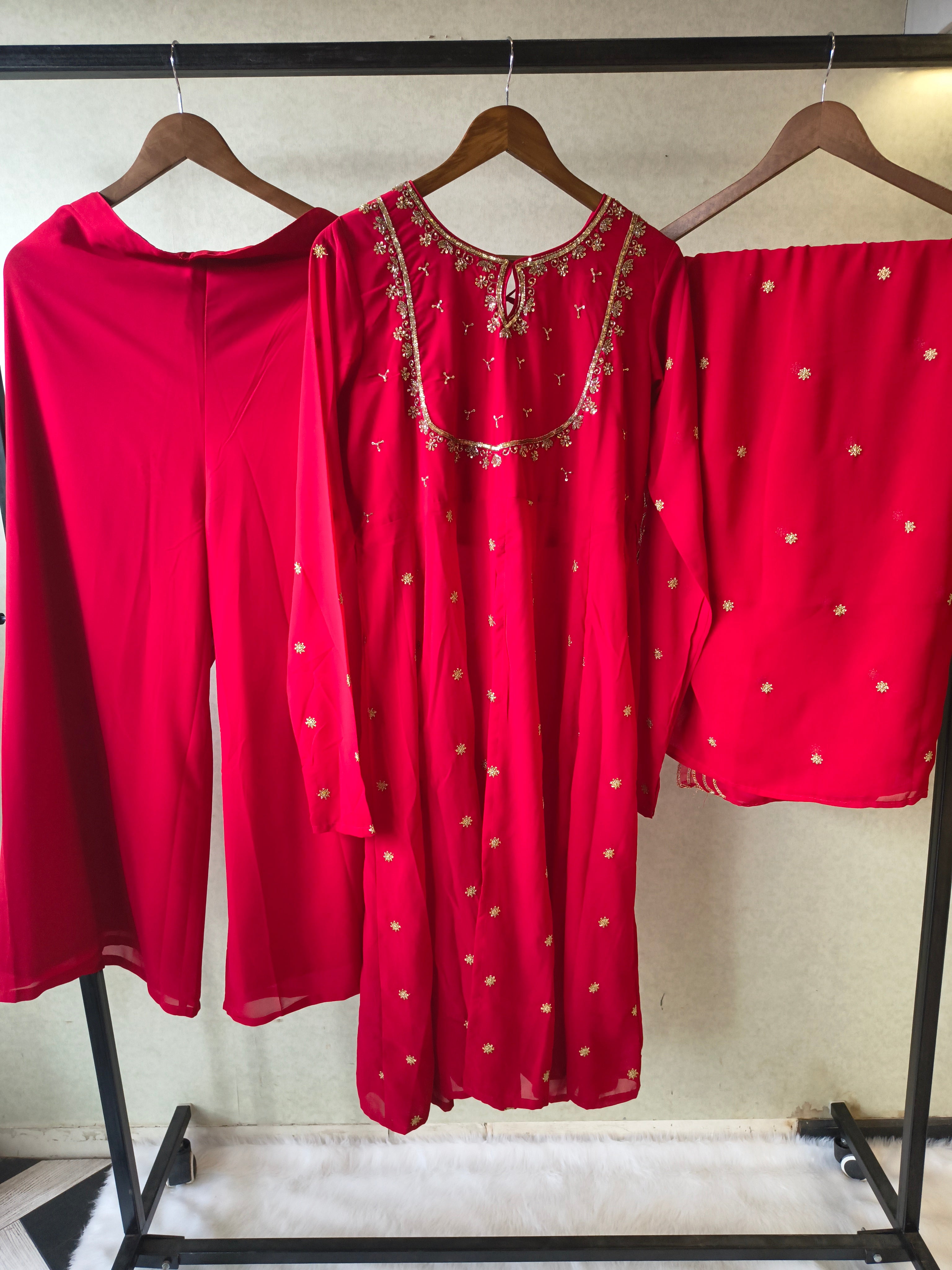 Image of Premium Ruby Red Embroidered Kurta with Sharara & Embellished Dupatta Set