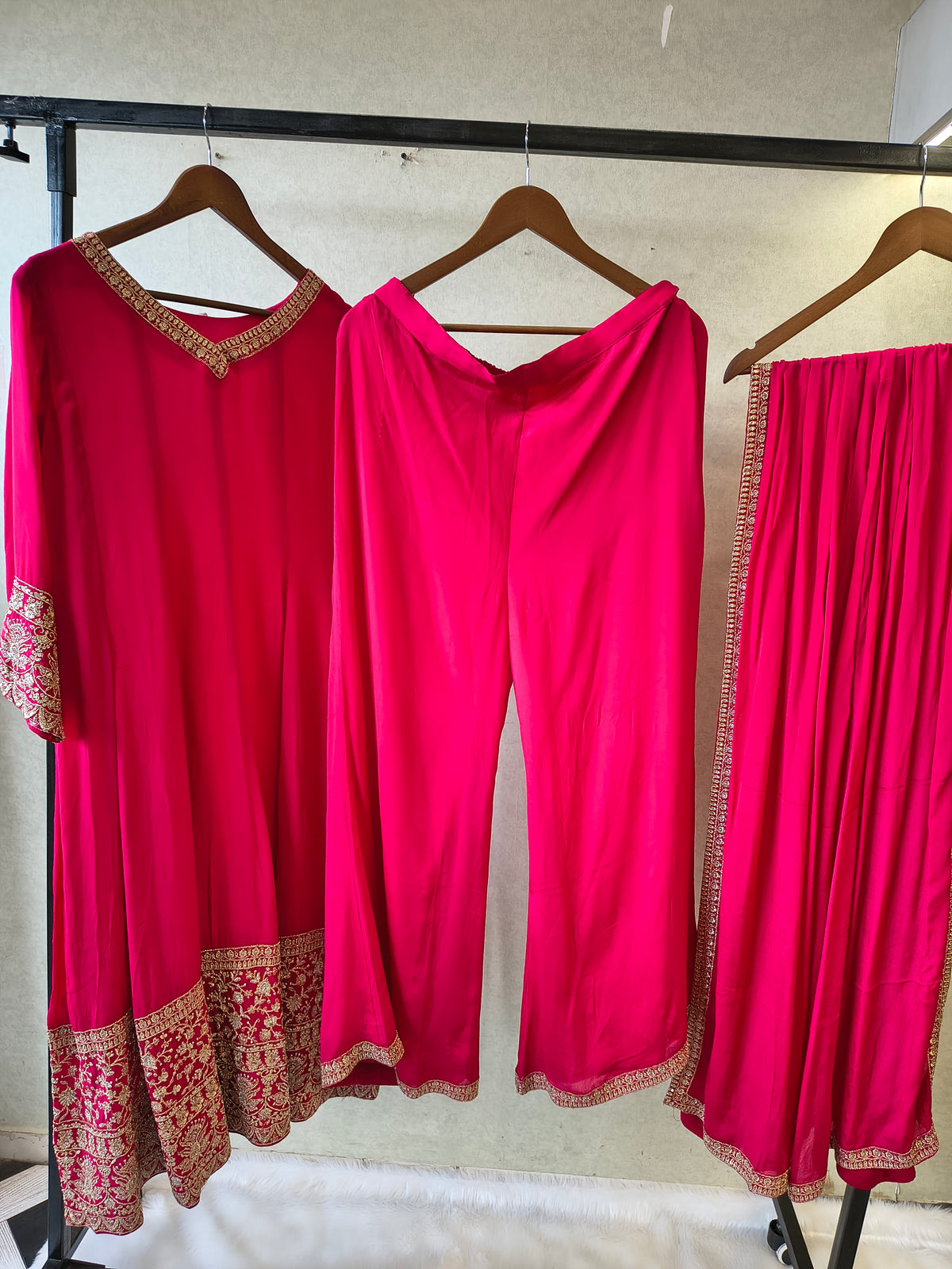 Rani Pink Embroidered Straight Kurta Set with Dupatta | Premium 3 Piece Festive Ethnic Suit