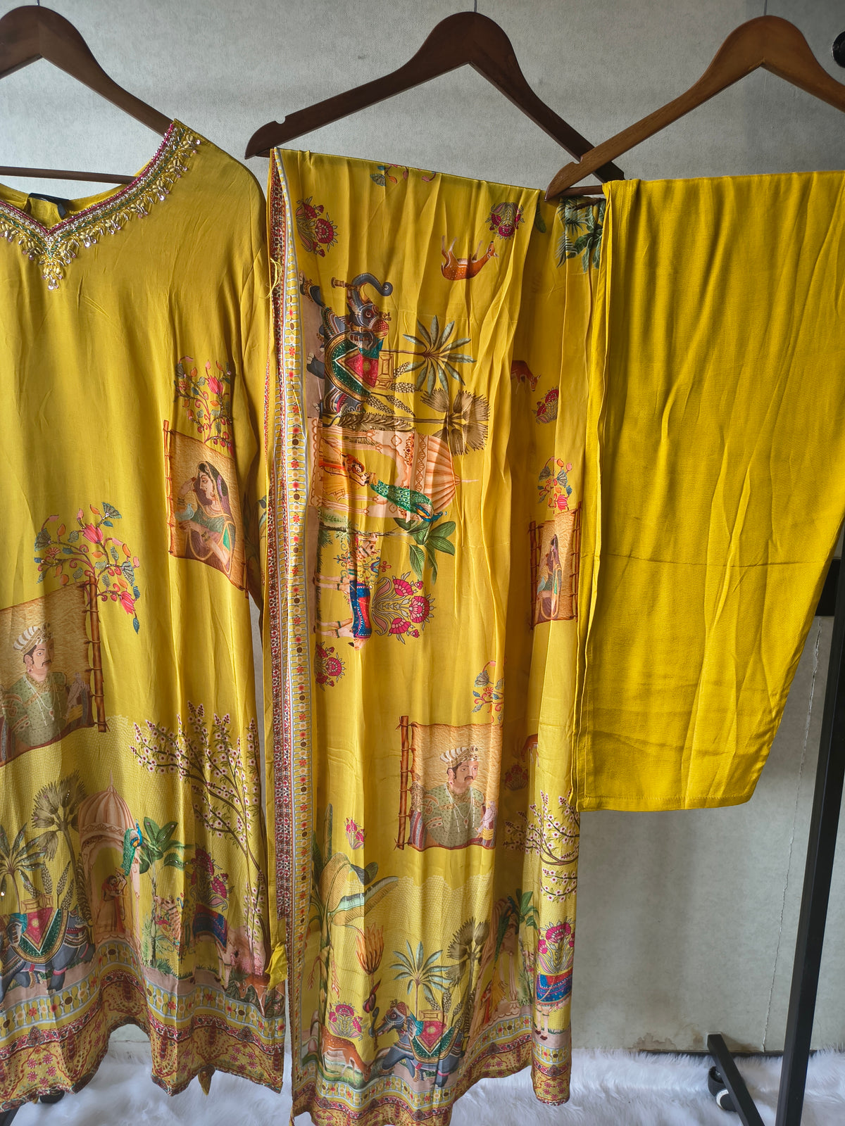 Premium Mustard Yellow Heritage Print Straight Kurta Set with Scenic Dupatta & Straight Pants