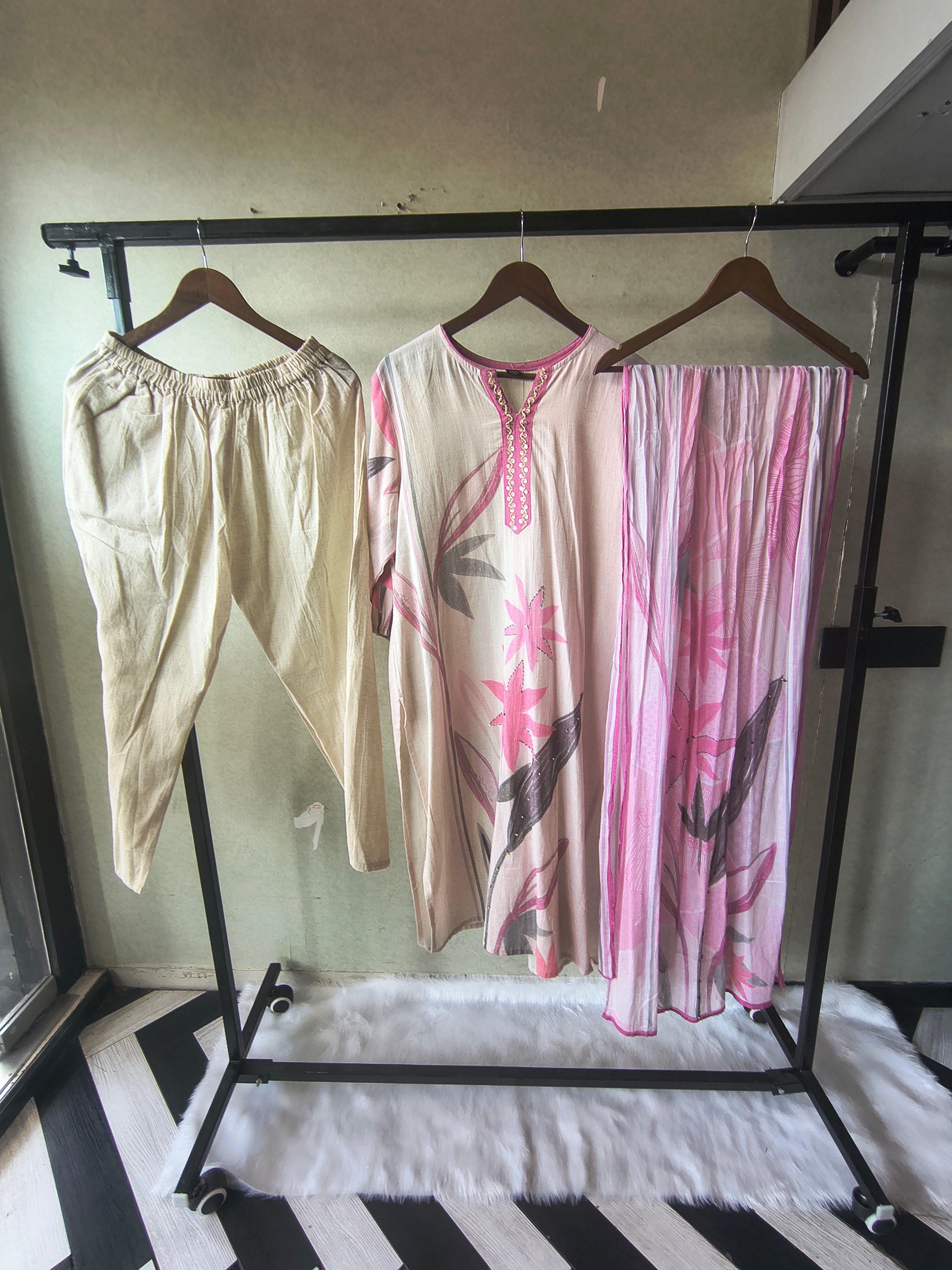 Image of Premium Blush Pink Floral Printed Straight Kurta Set with Churidar Pants & Soft Printed Dupatta