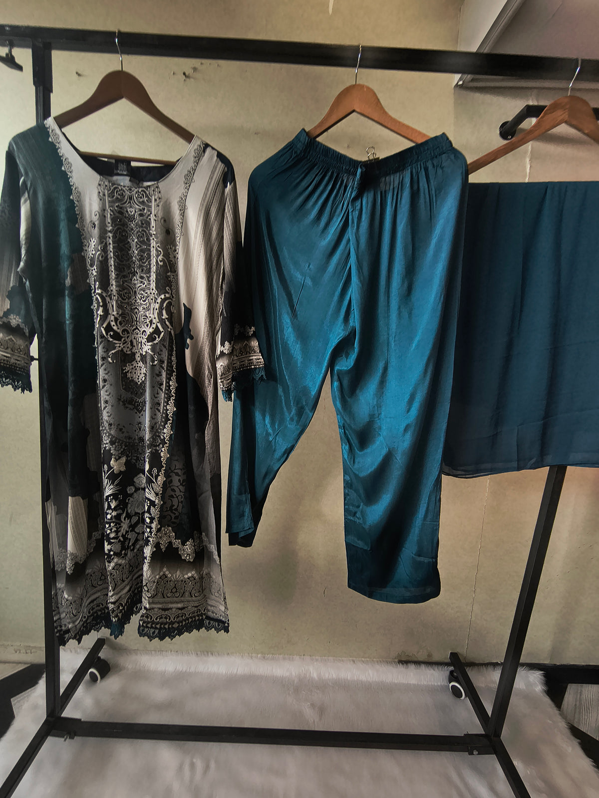 Premium Teal Blue Digital Printed Kurta Set with Solid Pants & Chiffon Dupatta
