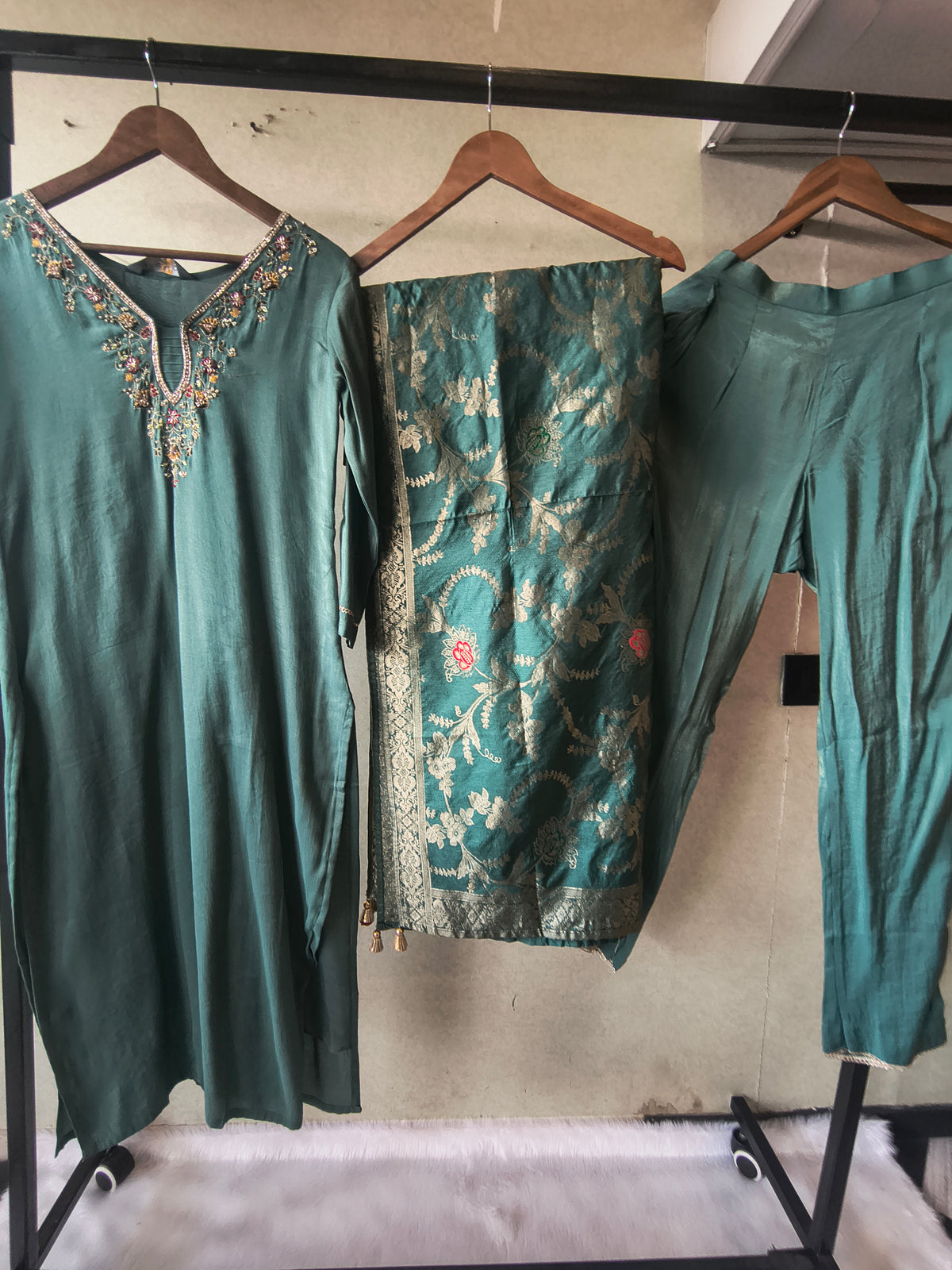 Premium Teal Silk Blend Embroidered Kurta Set with Woven Dupatta & Straight Pants