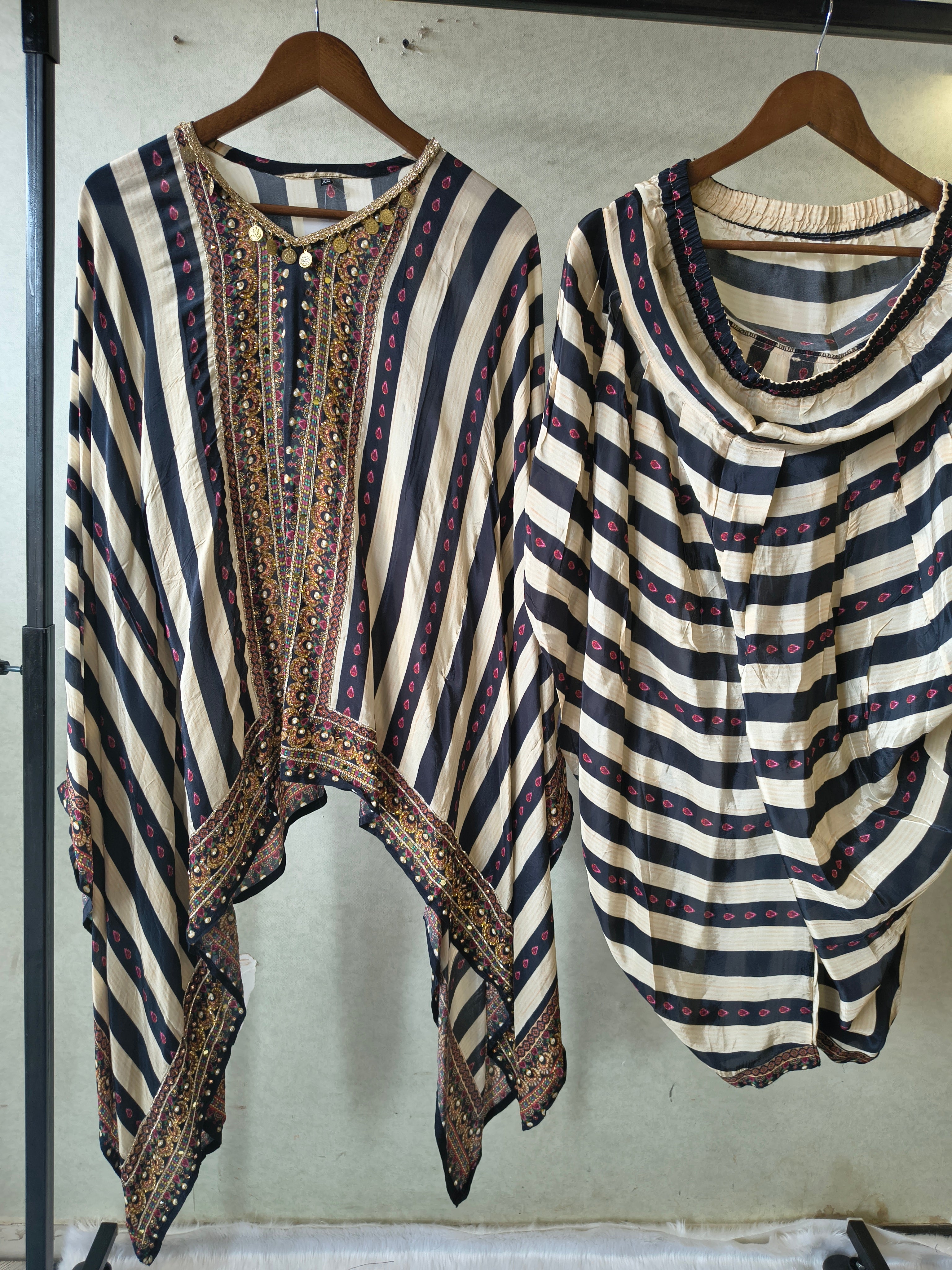 Image of Ivory & Navy Striped Designer Kaftan Co-Ord Set with Embroidered Neckline & Draped Silhouette