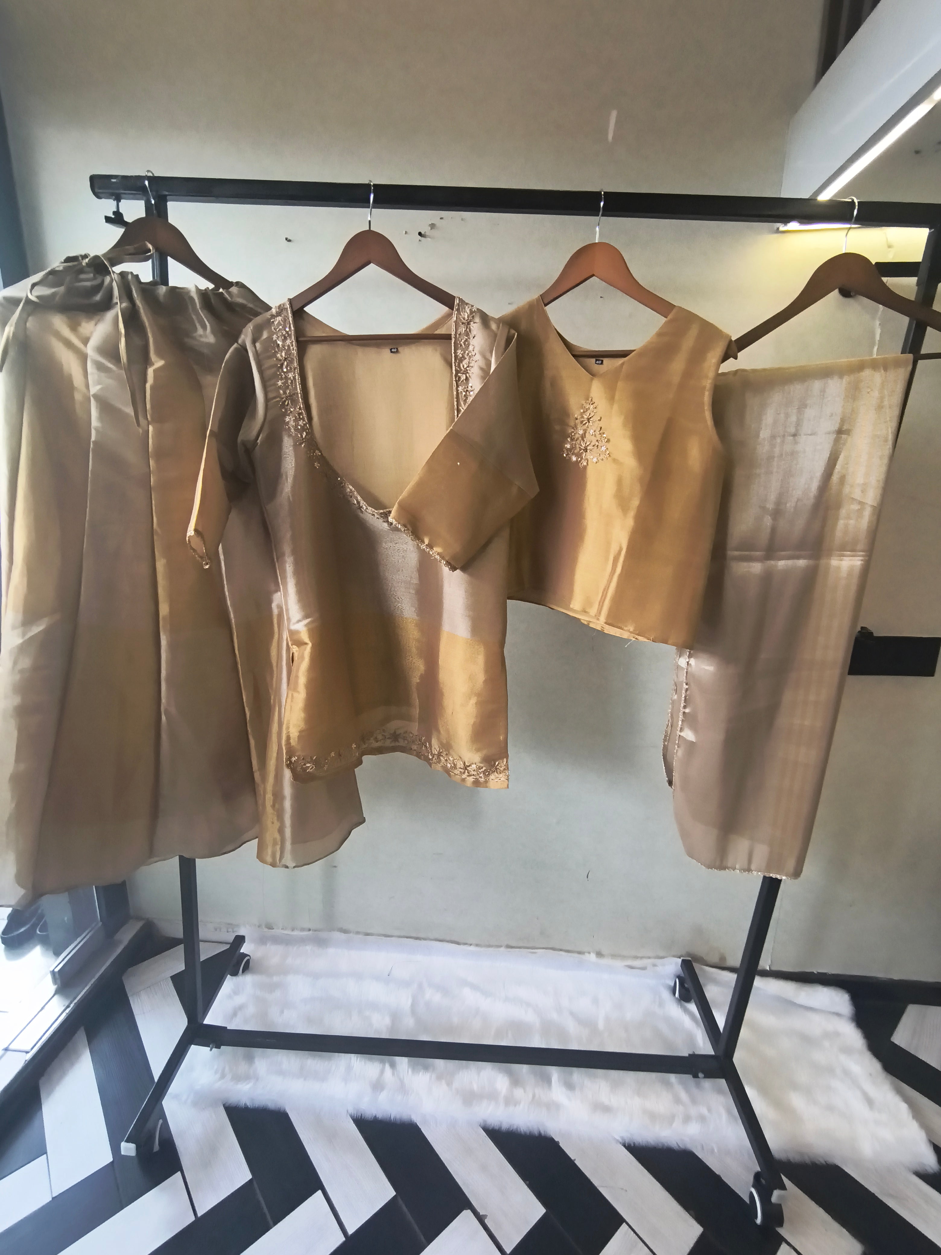 Image of Champagne Gold Tissue Silk Embroidered Layered Kurta with Inner, Palazzo & Woven Dupatta – 4 Piece Designer Festive Set
