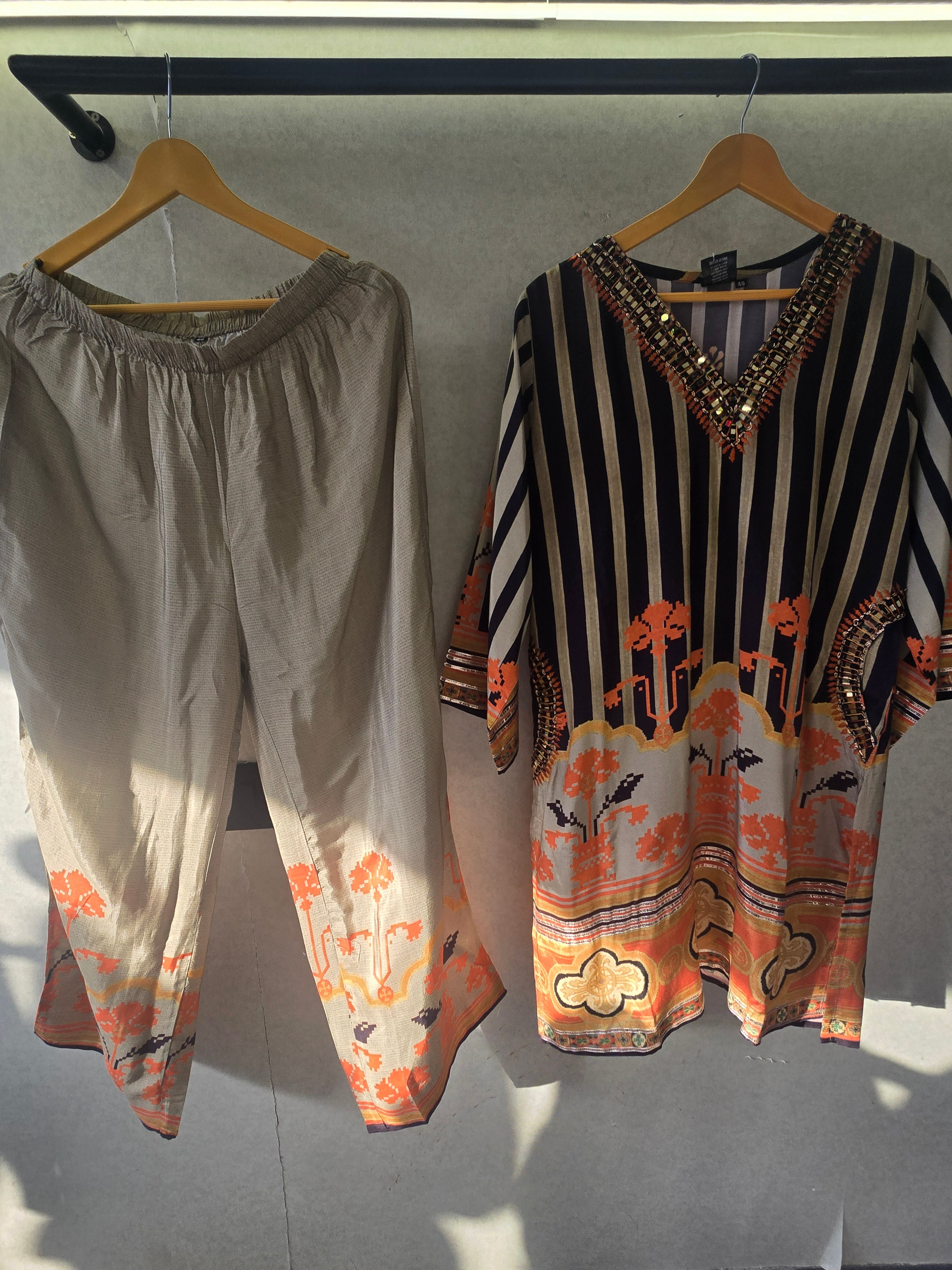 Image of Navy Stripe Mirror Work Kaftan Co-Ord Set