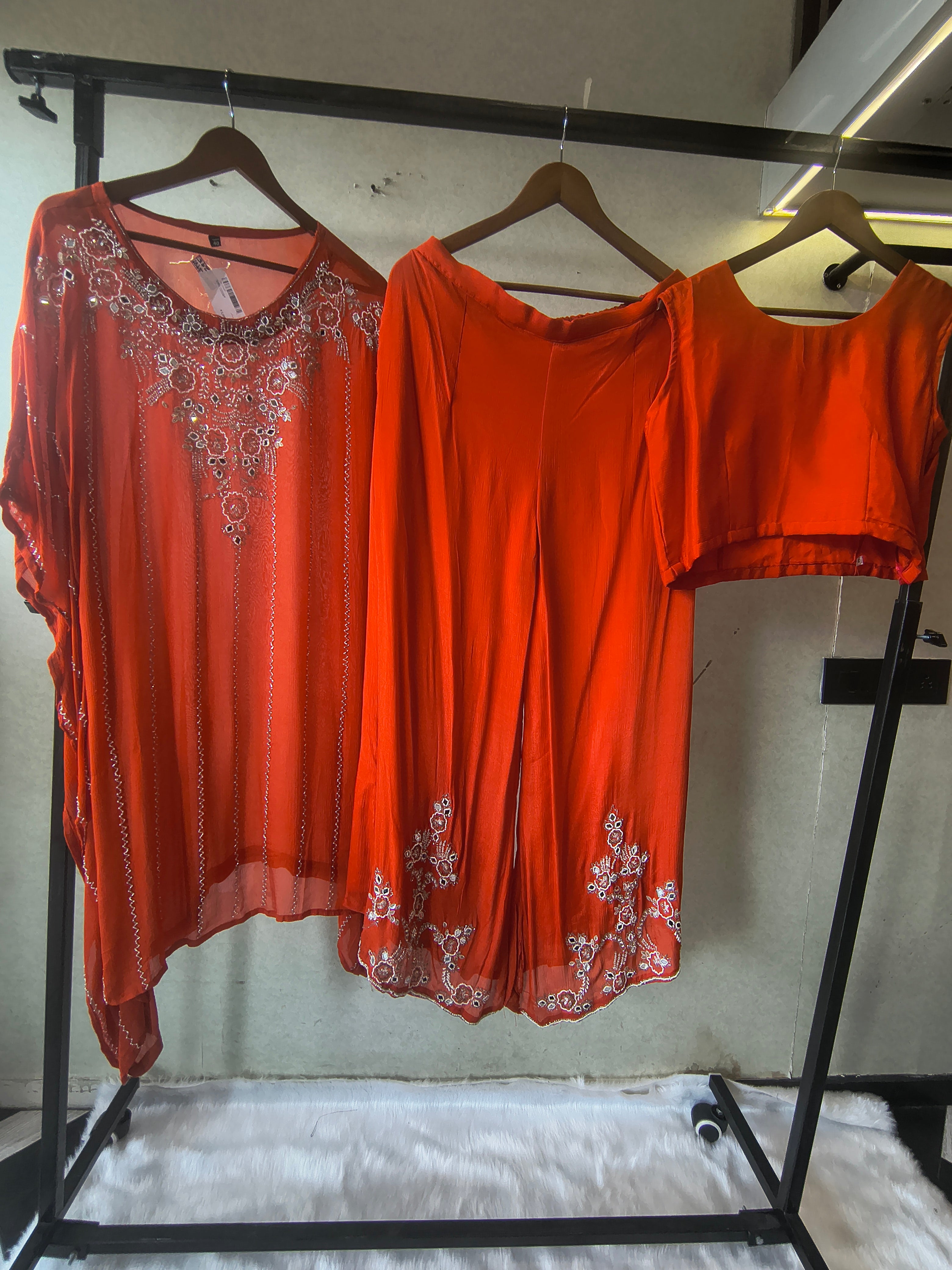 Image of Rust Orange Embroidered Kaftan Co-Ord Set with Palazzo & Blouse – Designer 3 Piece Indo-Western Fusion Wear