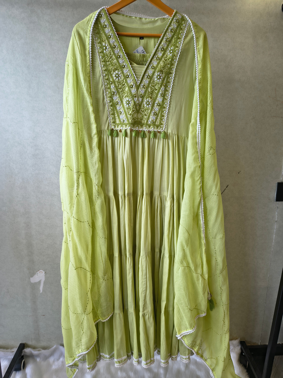 Lime Green Cotton Tiered Kurta Set with Embroidered Yoke & Quilted Dupatta