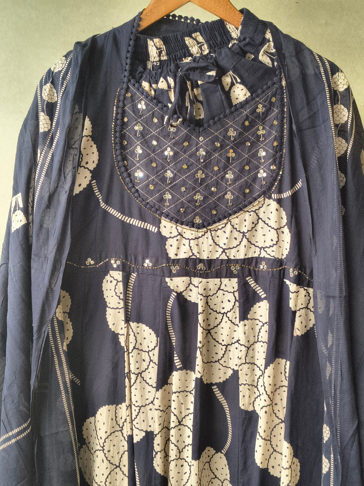 Premium Navy Blue Handblock Printed Cotton Anarkali Suit Set with Printed Pants & Dupatta