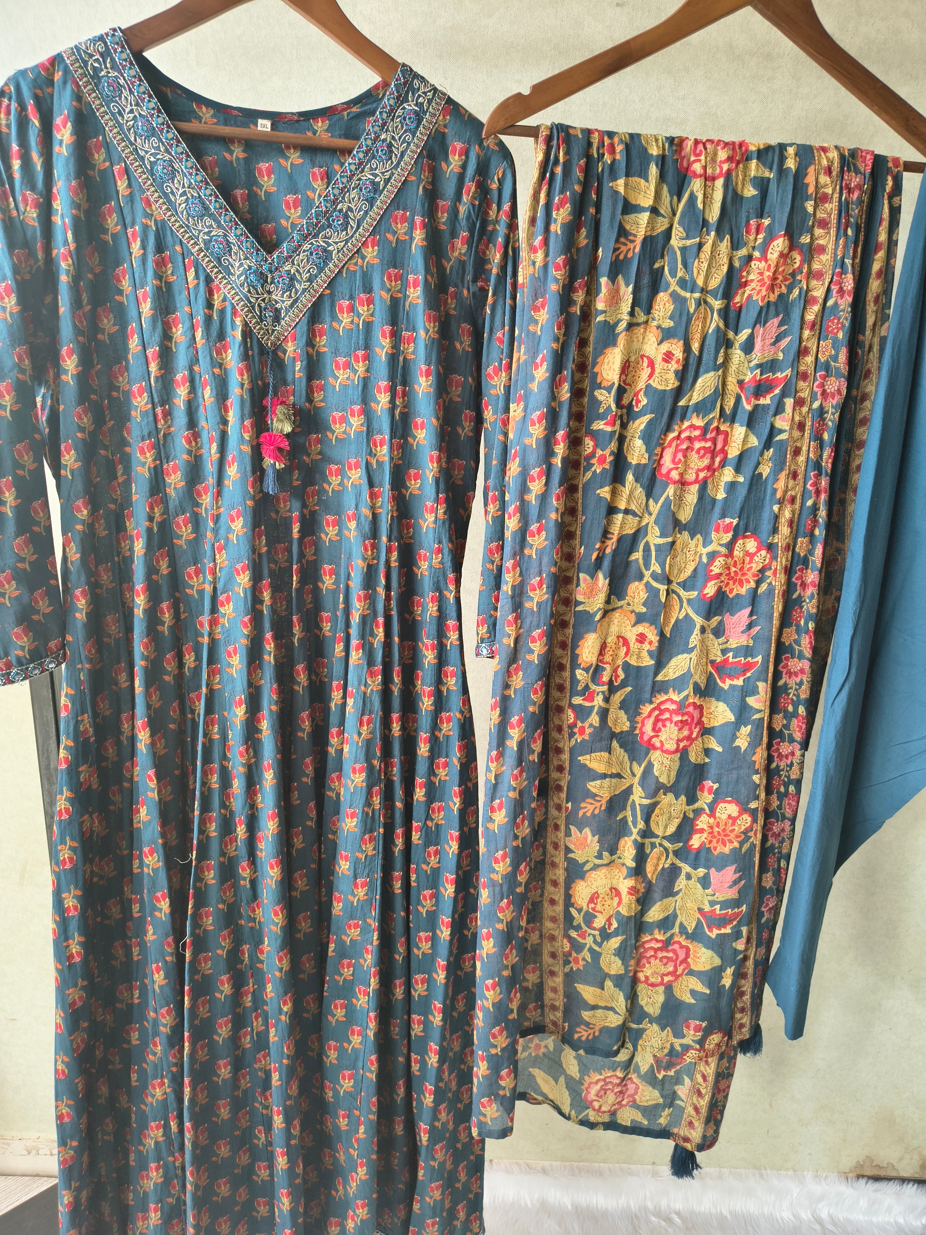 Image of Premium Teal Blue Floral Printed Anarkali Kurta Set with Embroidered V-Neck, Solid Pants & Designer Printed Dupatta