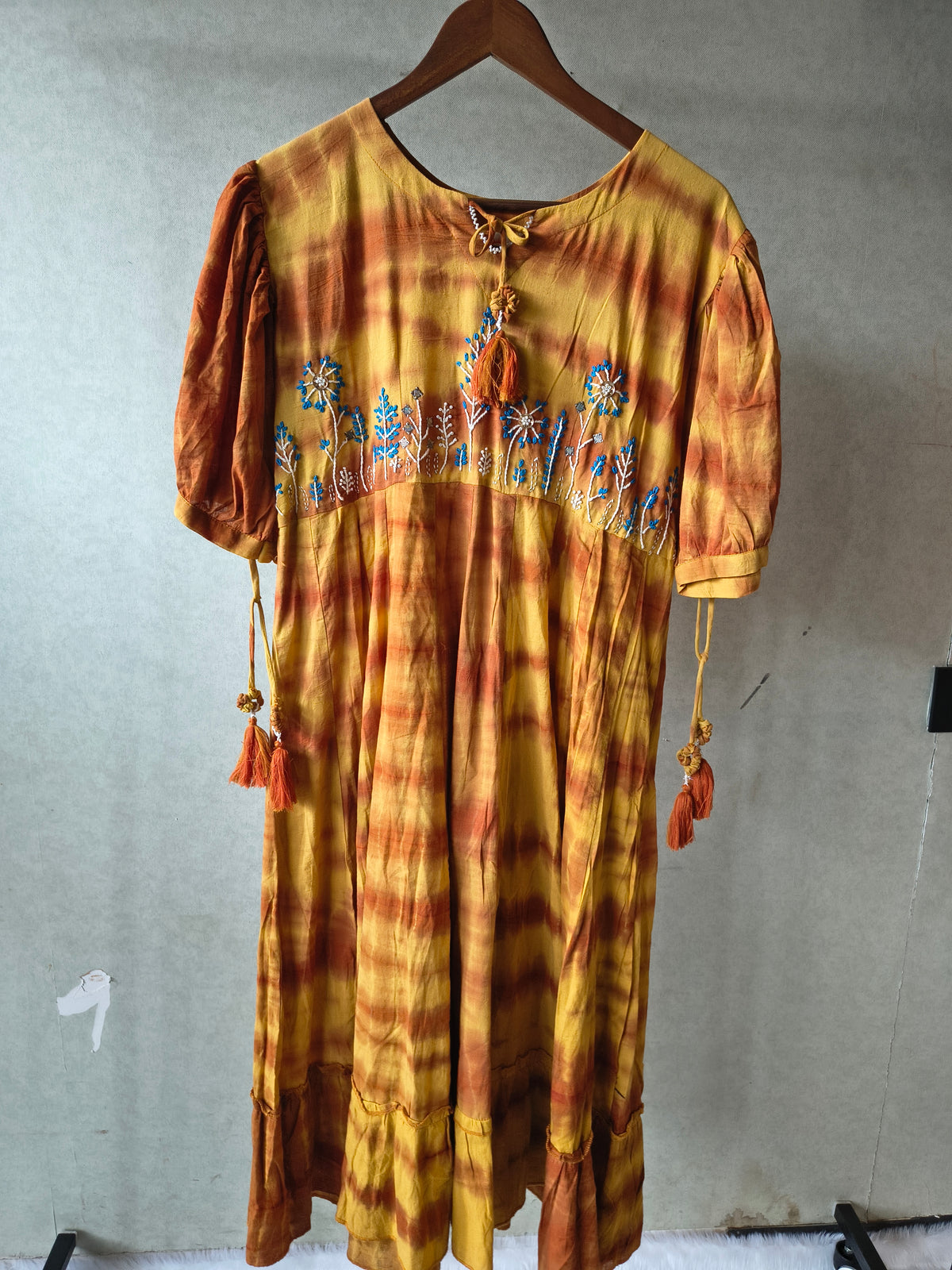 Premium Mustard Tie-Dye Embroidered Cotton Flared Dress