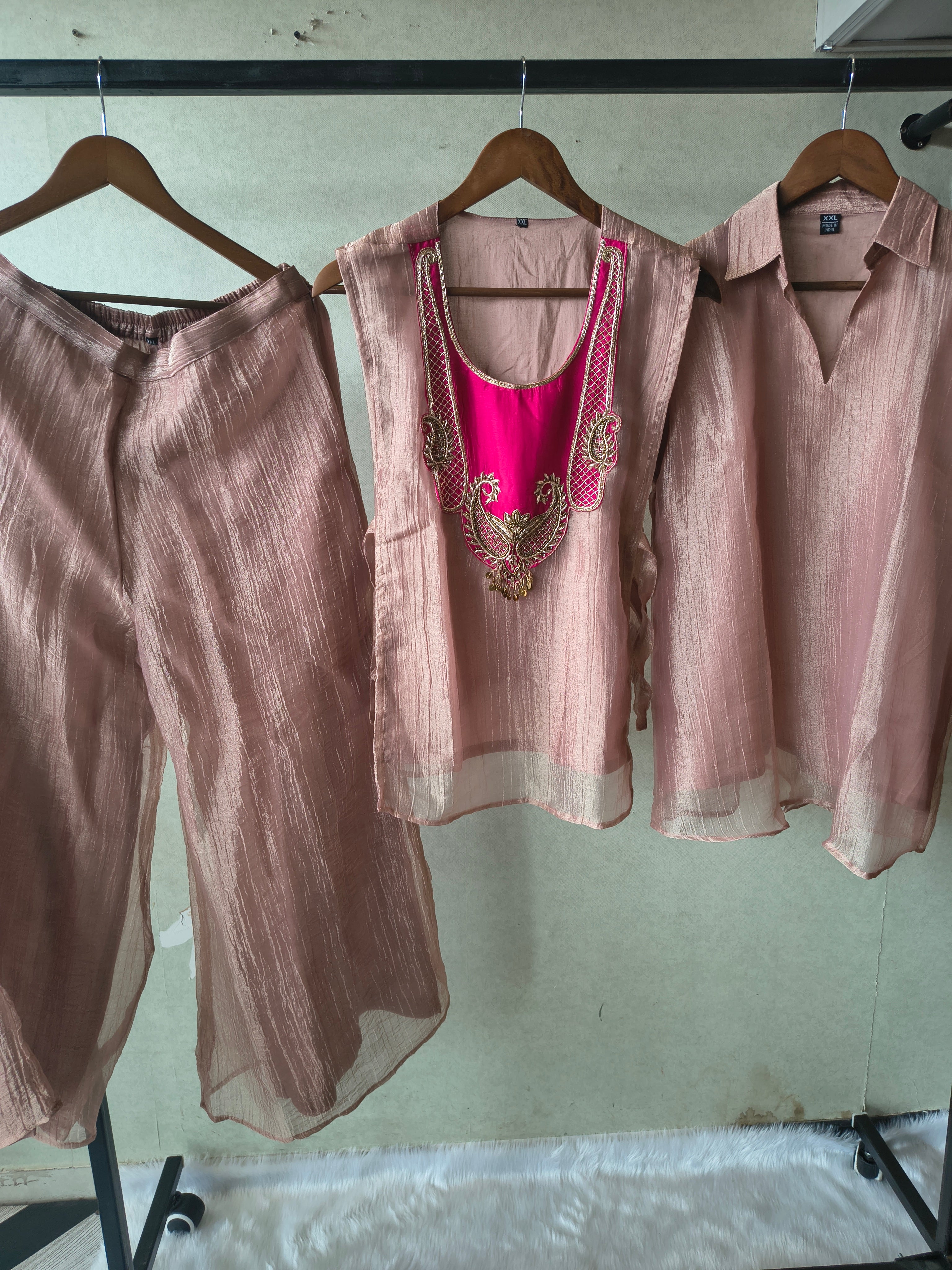 Image of Premium Rose Gold Tissue Silk 3-Piece Co-Ord Set with Hand Embellished Jacket, Inner & Palazzo