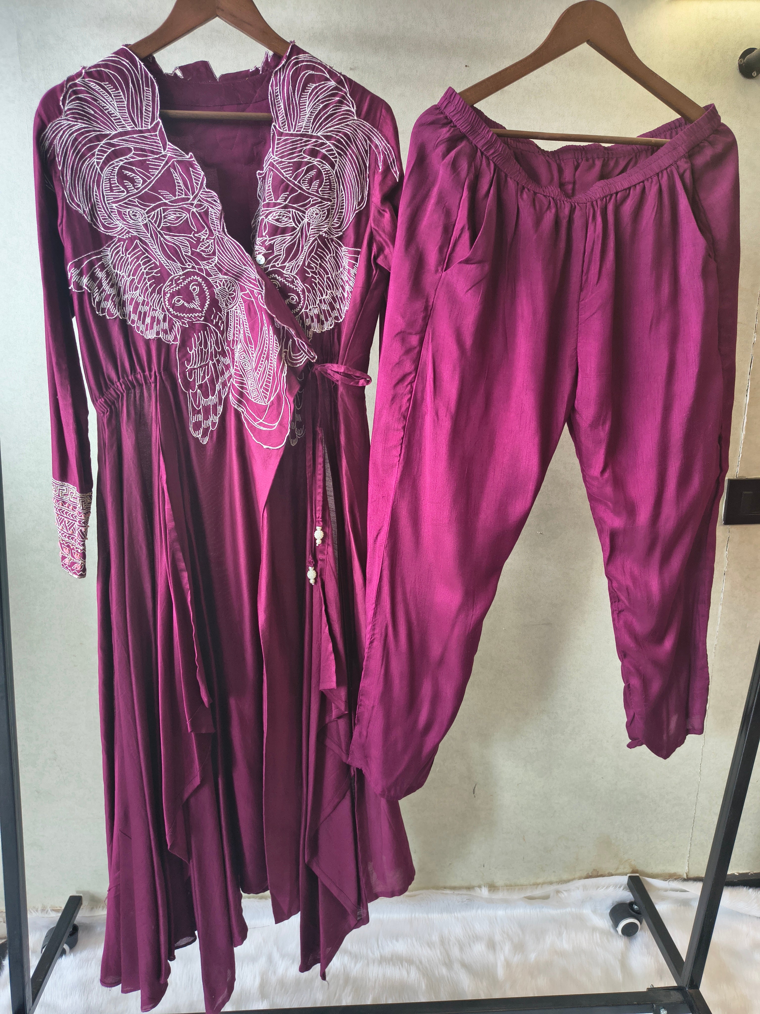 Image of Wine Embroidered Wrap Style Indo-Western Jacket with Dhoti Pants – Designer 2 Piece Fusion Set