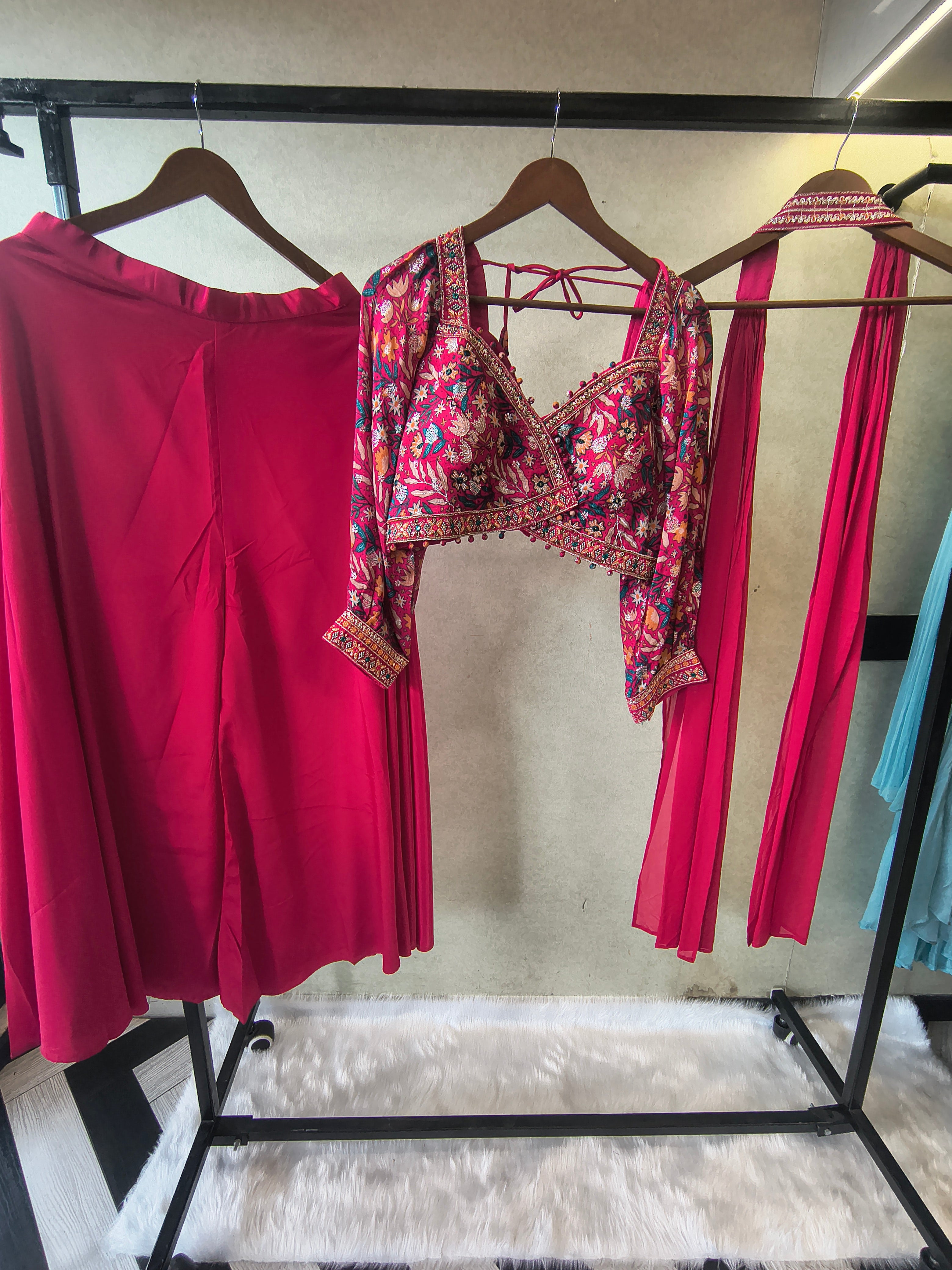 Image of Luxury Rani Pink Floral Printed Blouse with Flared Palazzo & Embellished Choker Dupatta – 3 Piece Designer Indo-Western Set