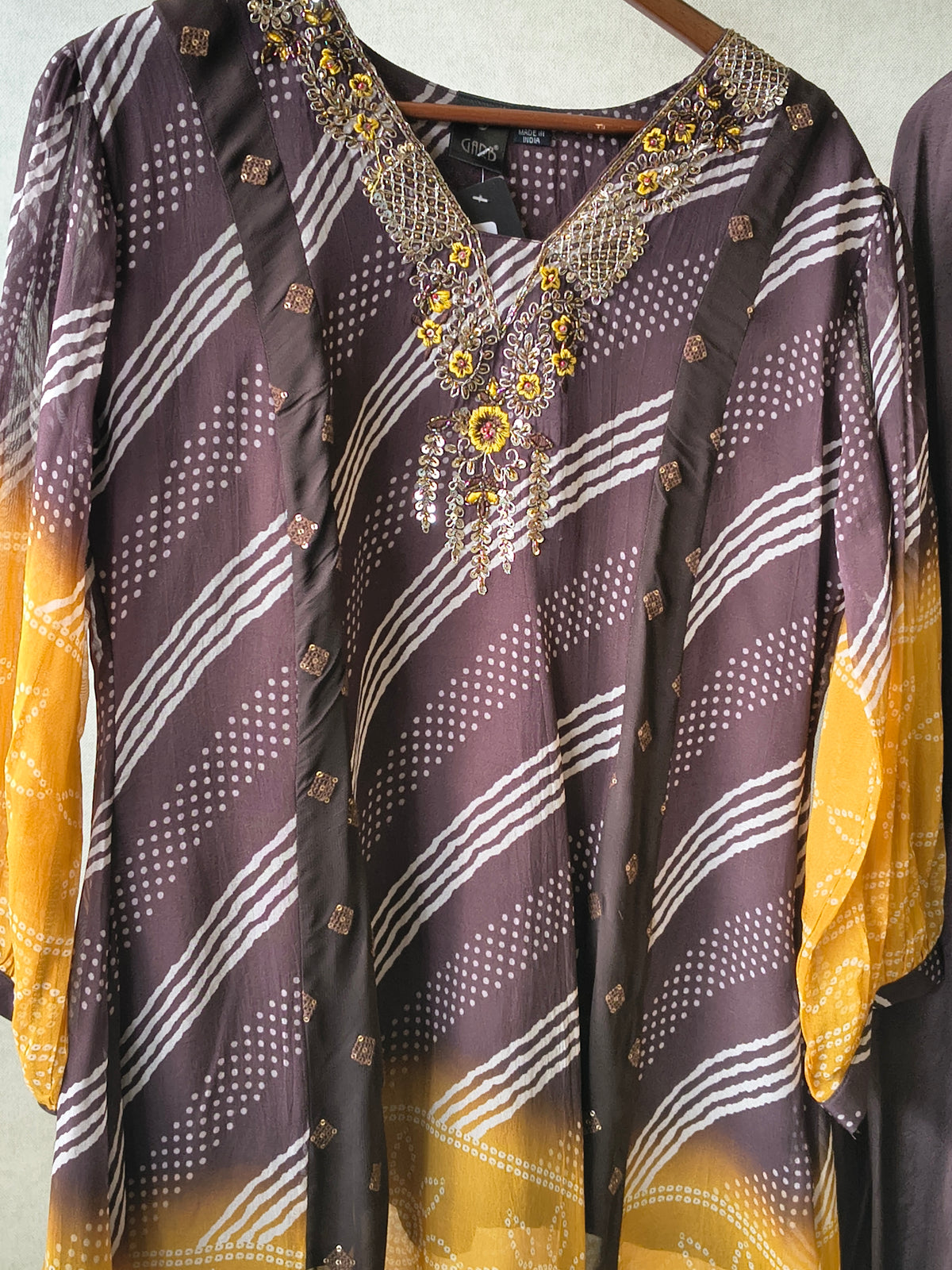 Premium Charcoal & Mustard Bandhani Print Kaftan Kurta with Dhoti Pants Set