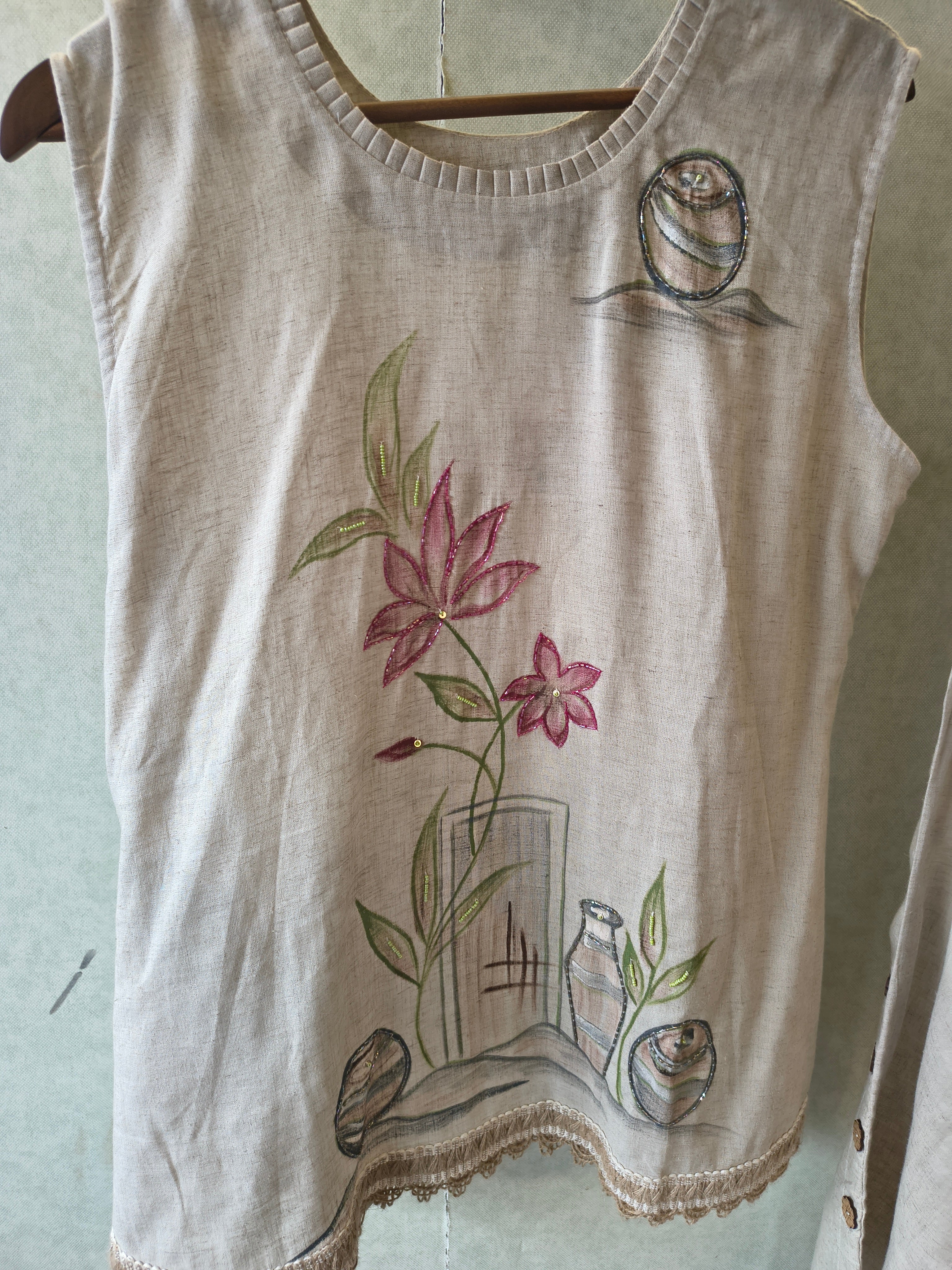 Image of Ivory Floral Hand-Painted Linen Co-Ord Set