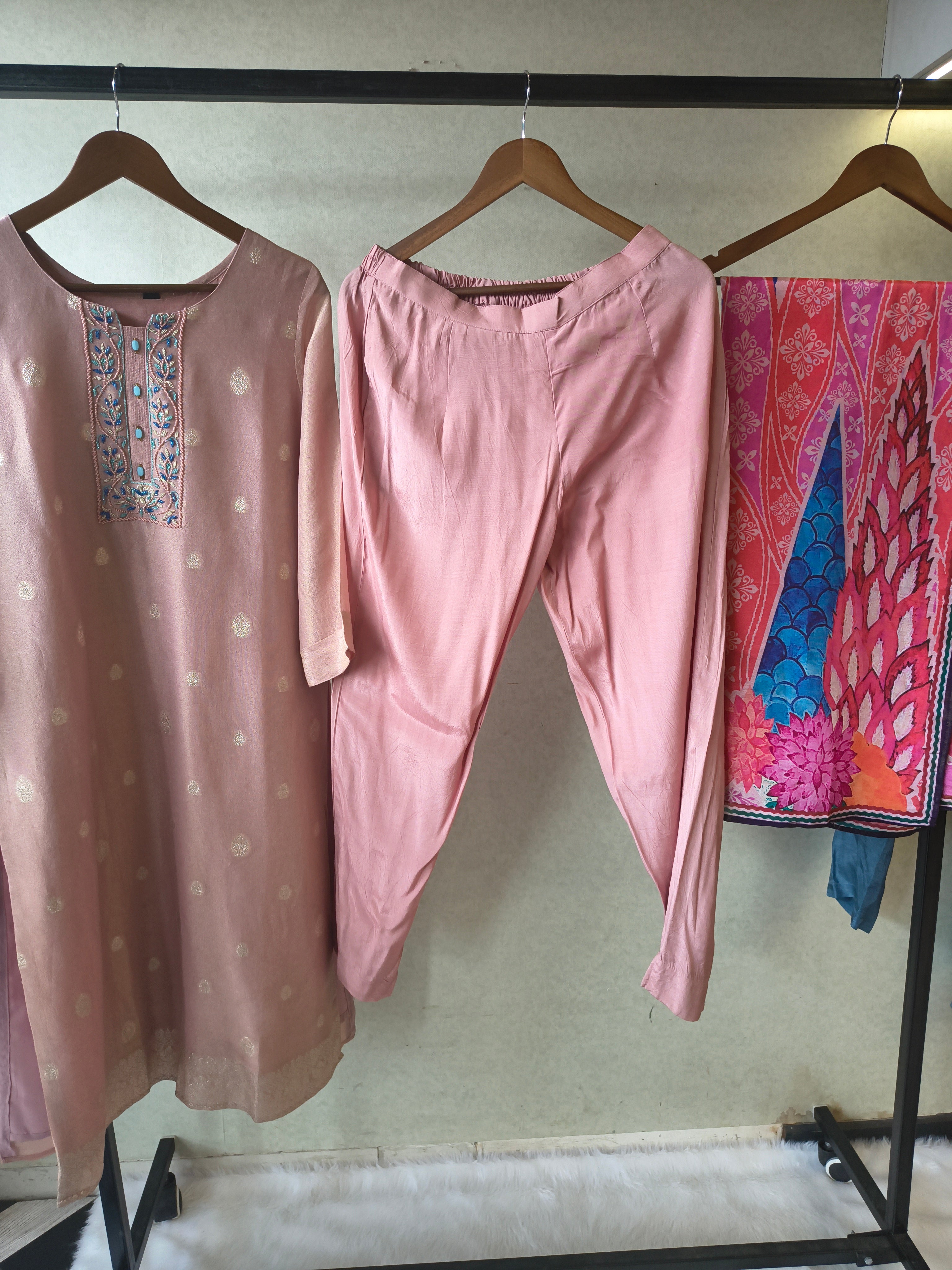 Image of Premium Blush Pink Embroidered Straight Kurta with Cigarette Pants & Designer Printed Dupatta Set