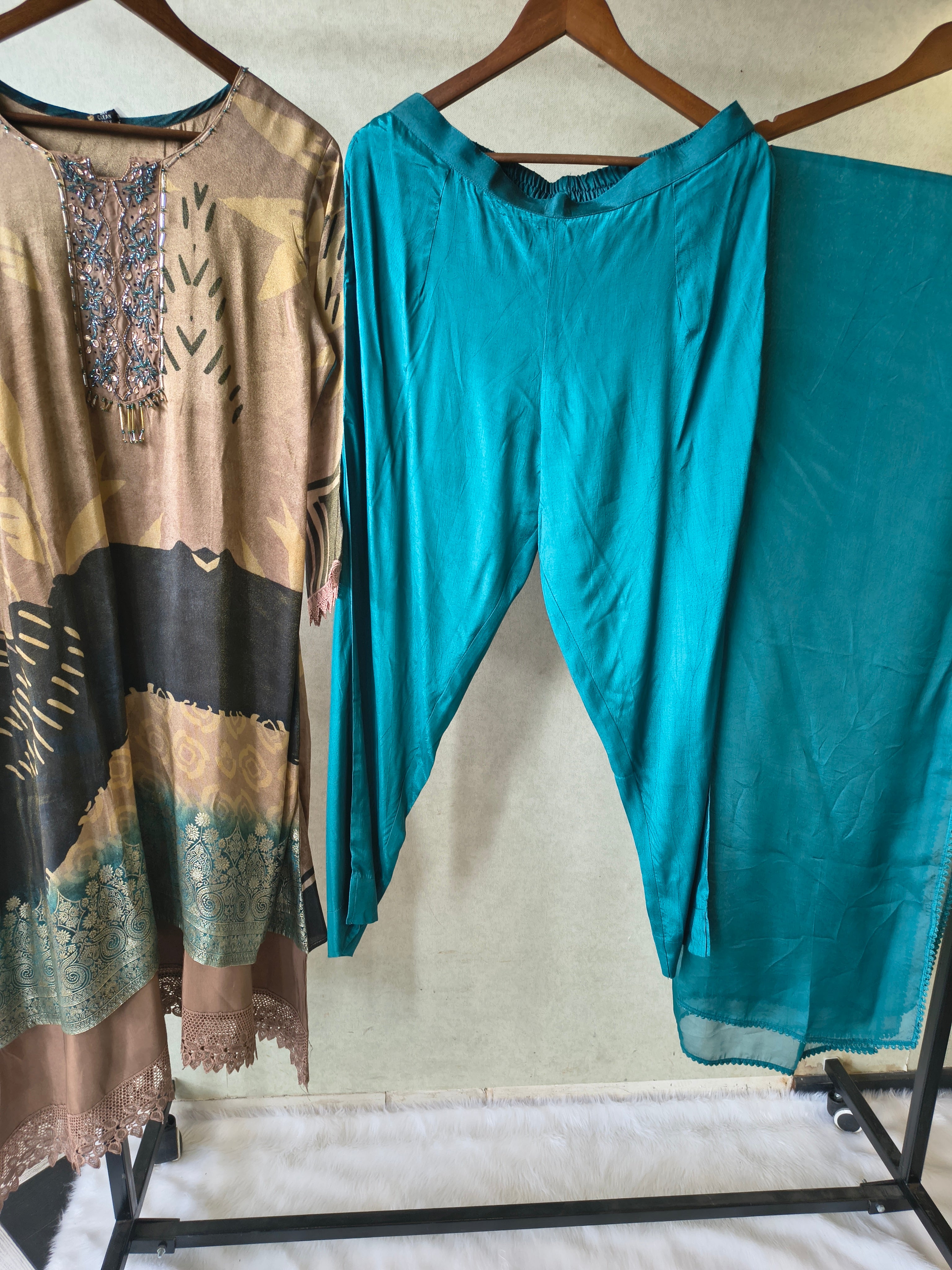 Image of Premium Abstract Print Straight Kurta with Cigarette Pants & Dupatta Set
