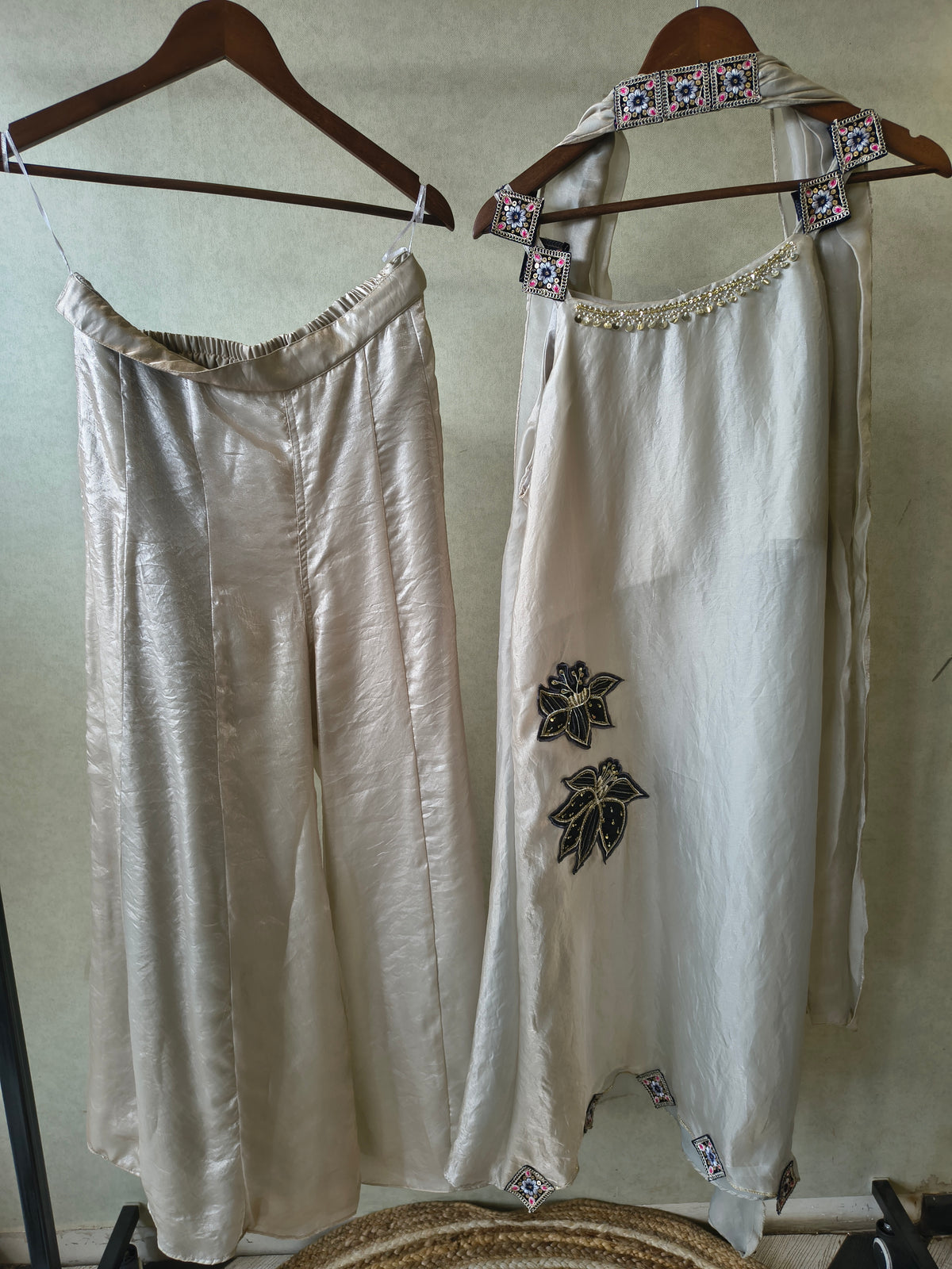 Ivory Designer A-Line Dress with Handcrafted Floral Appliqué & Embellished Scarf