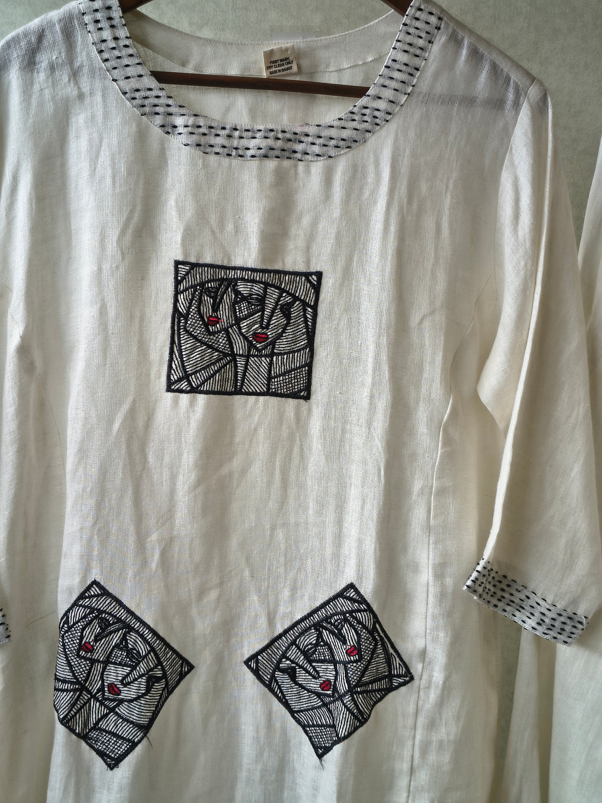 Premium Off-White Artistic Abstract Embroidered Cotton Kurta with Straight Pants Set