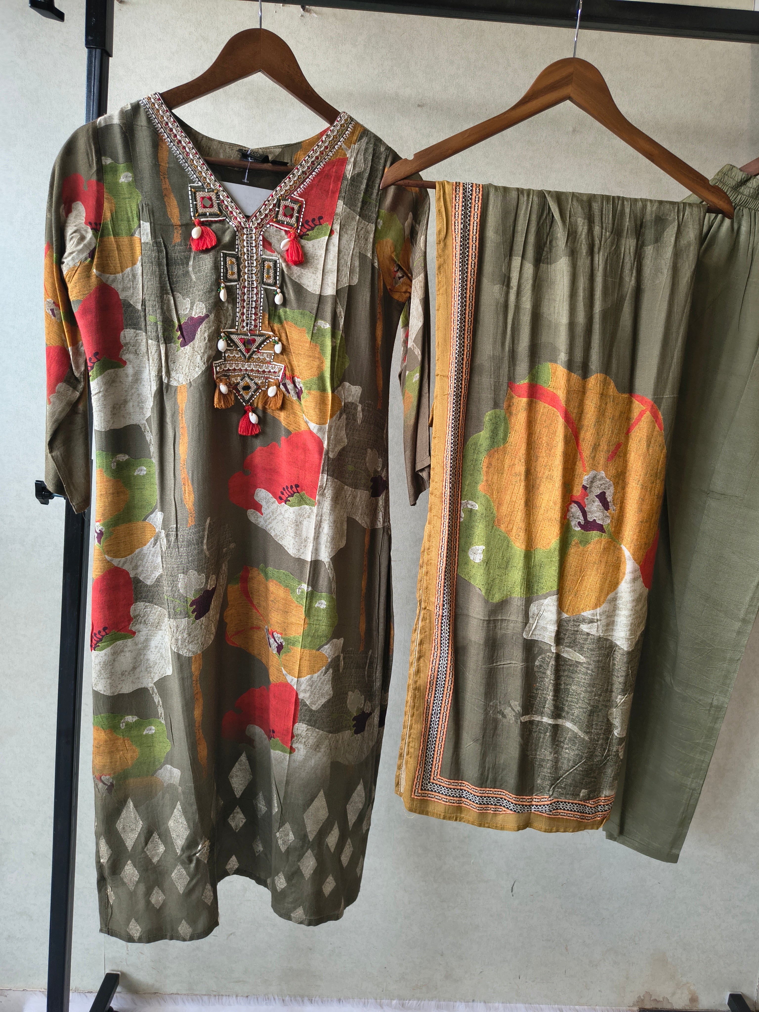 Image of Premium Olive Green Floral Printed Kurta Set with Embellished Neckline, Solid Pants & Printed Dupatta