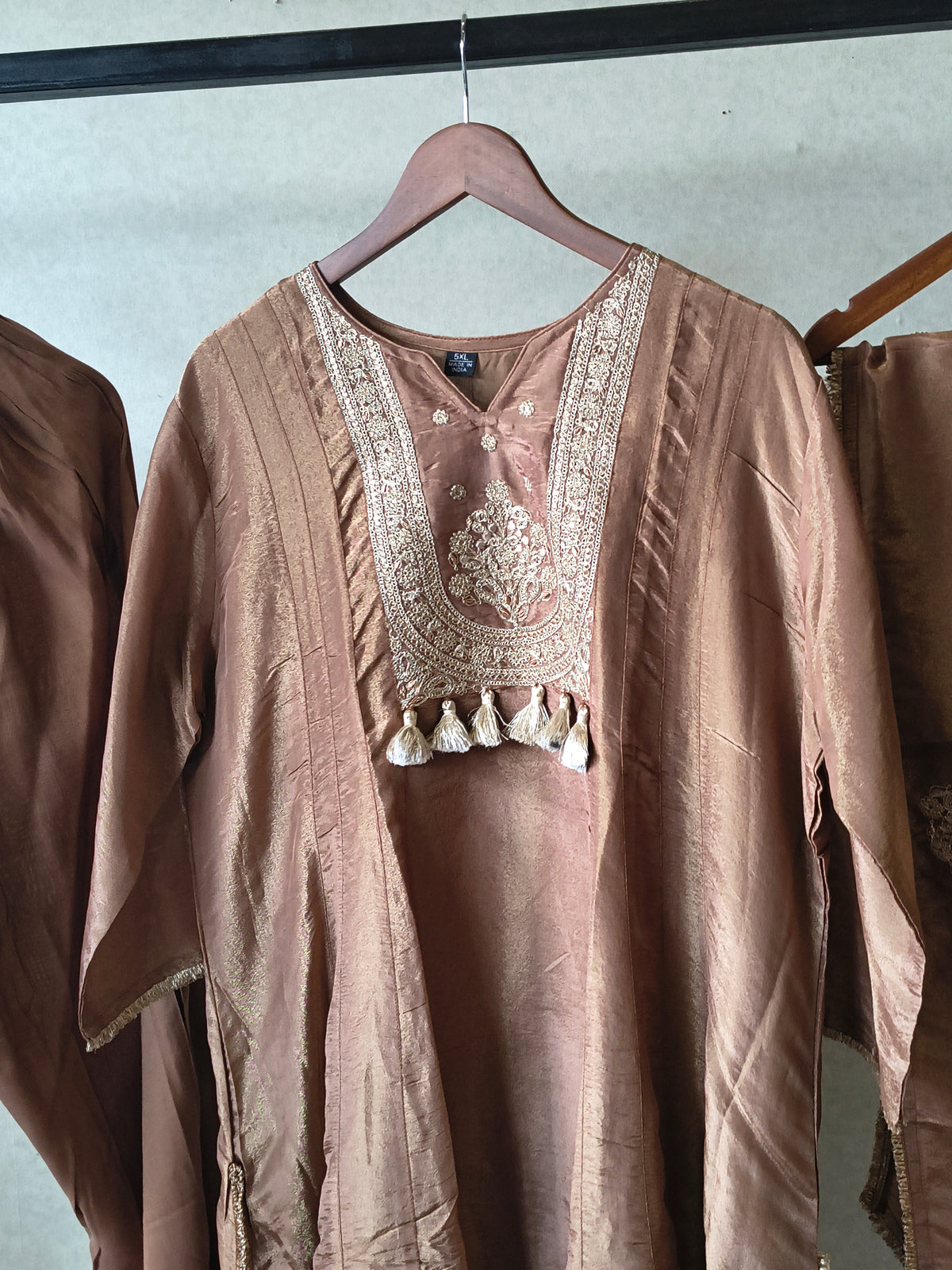 Premium Copper Brown Embroidered A-Line Kurta Set with Dupatta