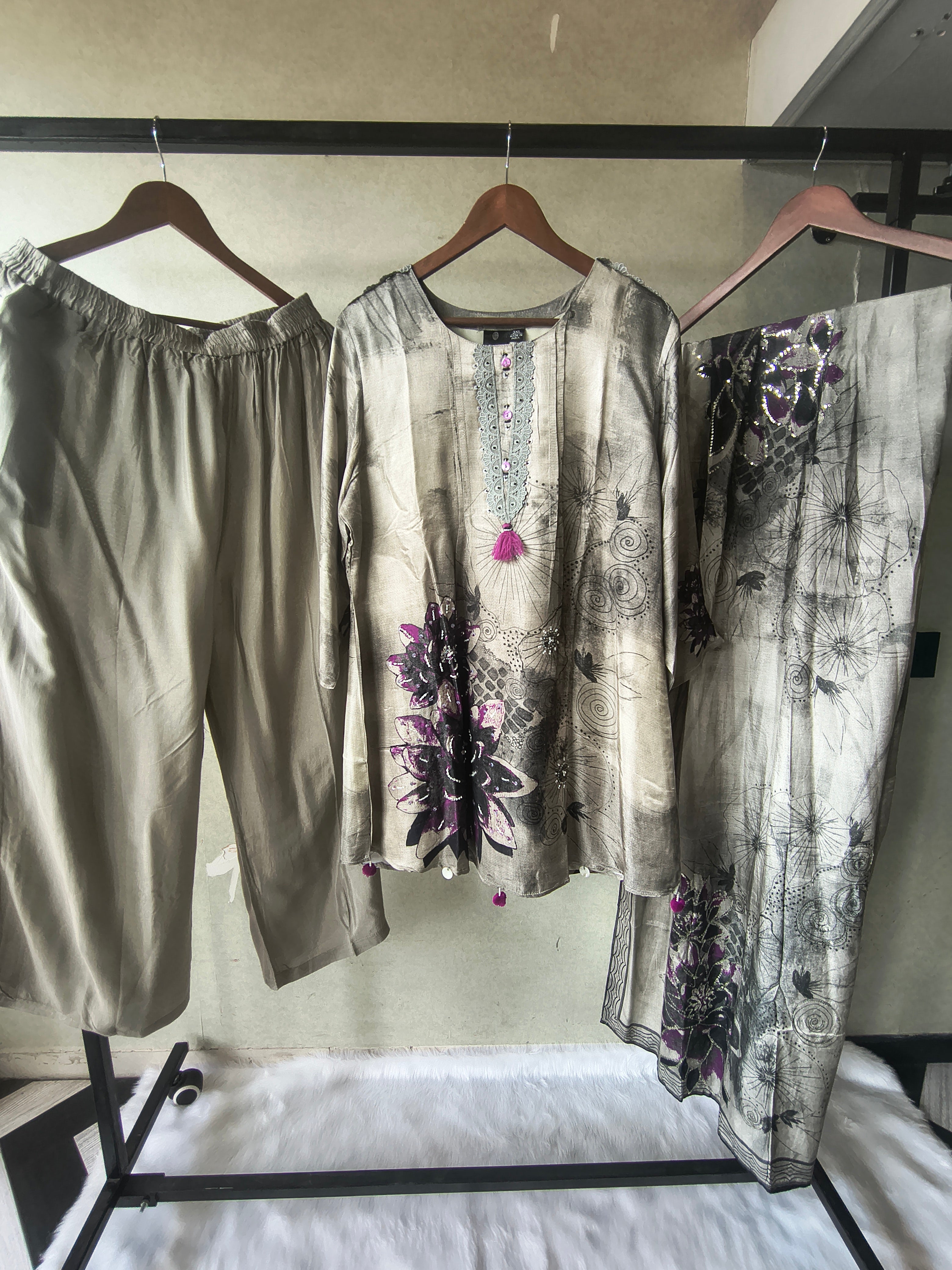Image of Premium Grey Abstract Floral Printed Kurta Set with Embellished Neckline, Solid Pants & Designer Printed Dupatta