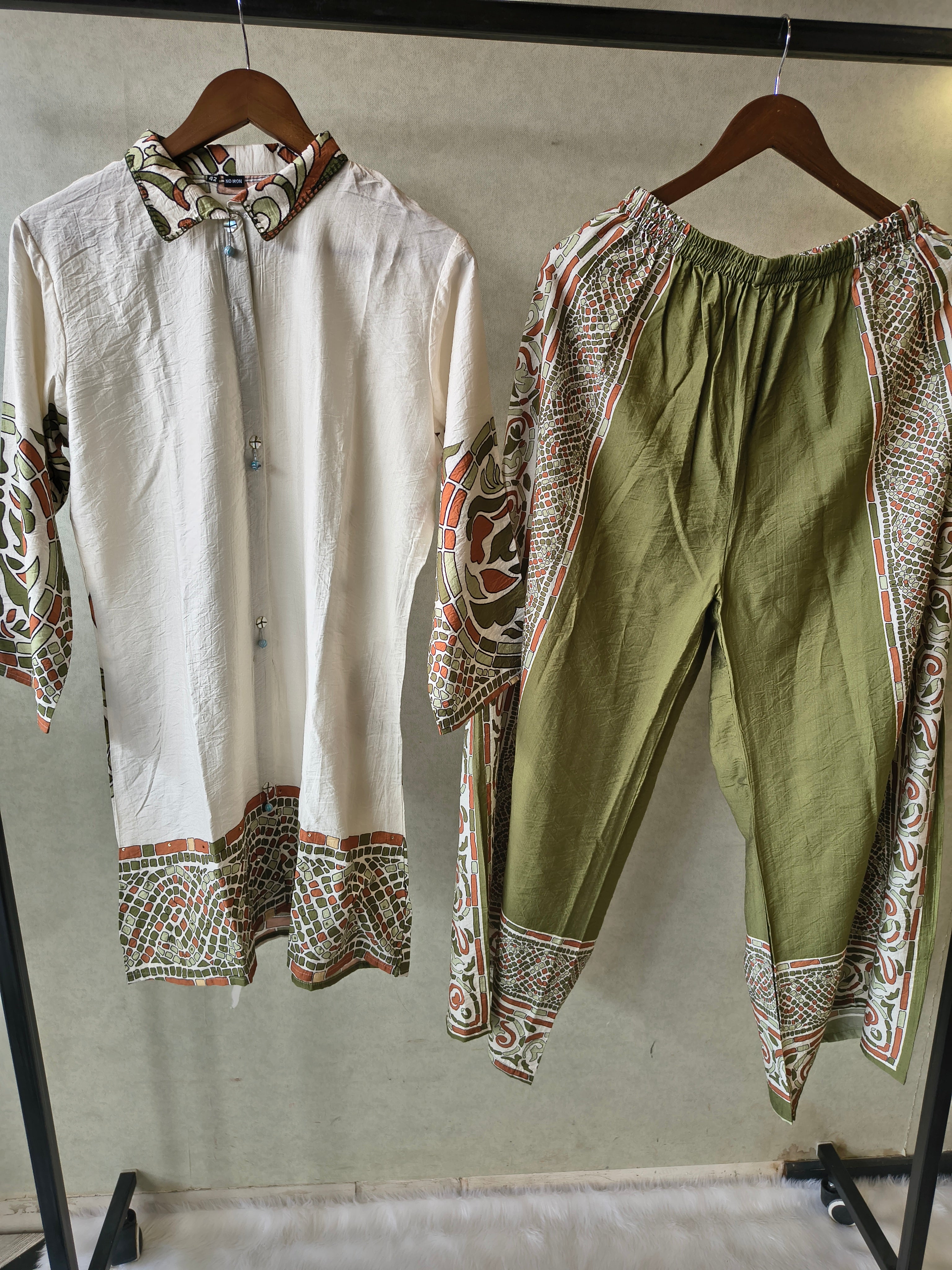 Image of Premium Ivory Printed Cotton Kurta with Olive Pants & Printed Dupatta Set