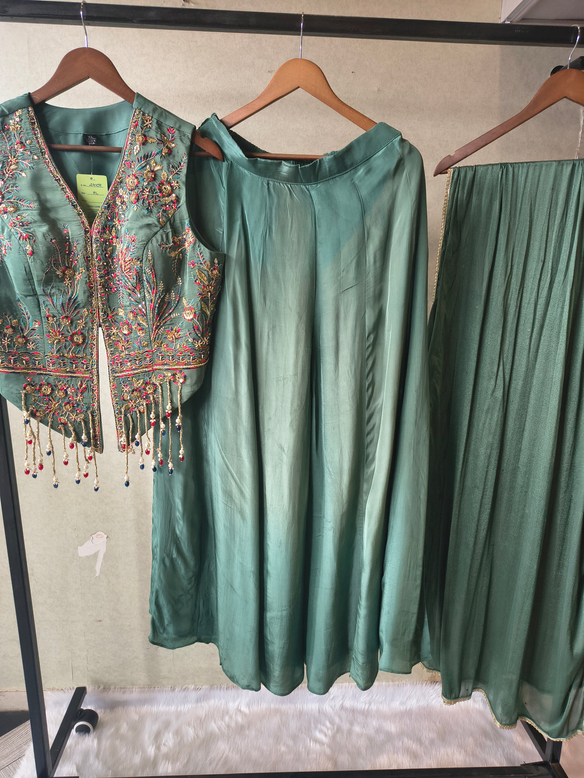 Premium Emerald Green Satin Silk 3-Piece Lehenga Set with Hand Embroidered Crop Jacket & Dupatta