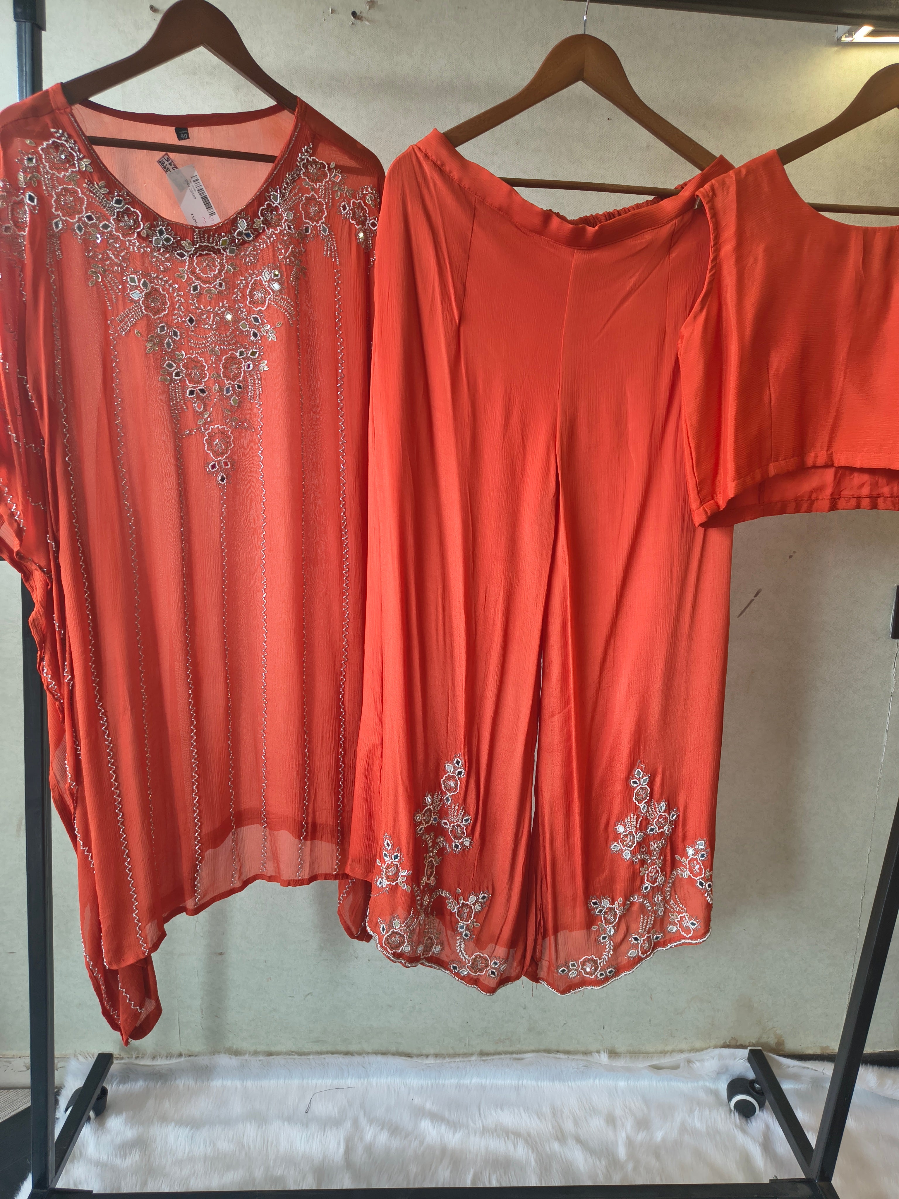 Image of Rust Orange Embroidered Kaftan Co-Ord Set with Palazzo & Blouse – Designer 3 Piece Indo-Western Fusion Wear