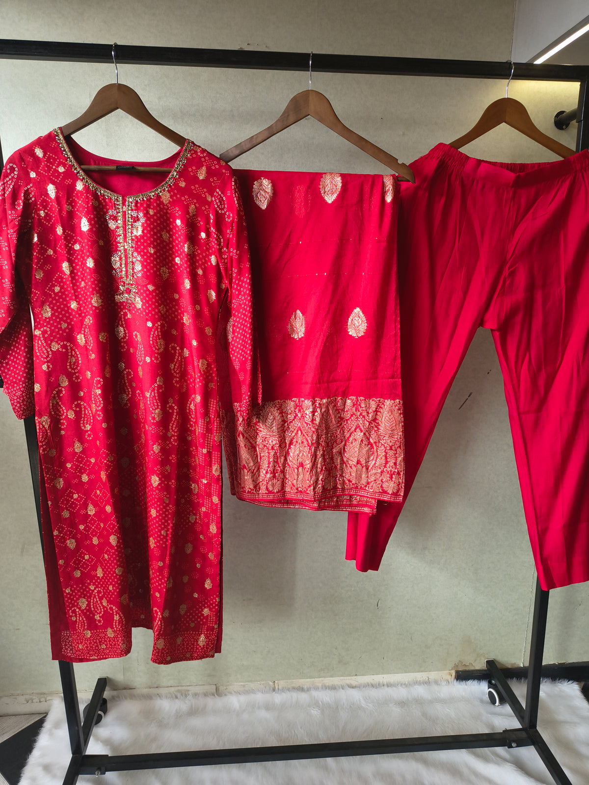 Premium Crimson Red Zari Woven Kurta with Straight Pants & Banarasi Border Dupatta Set